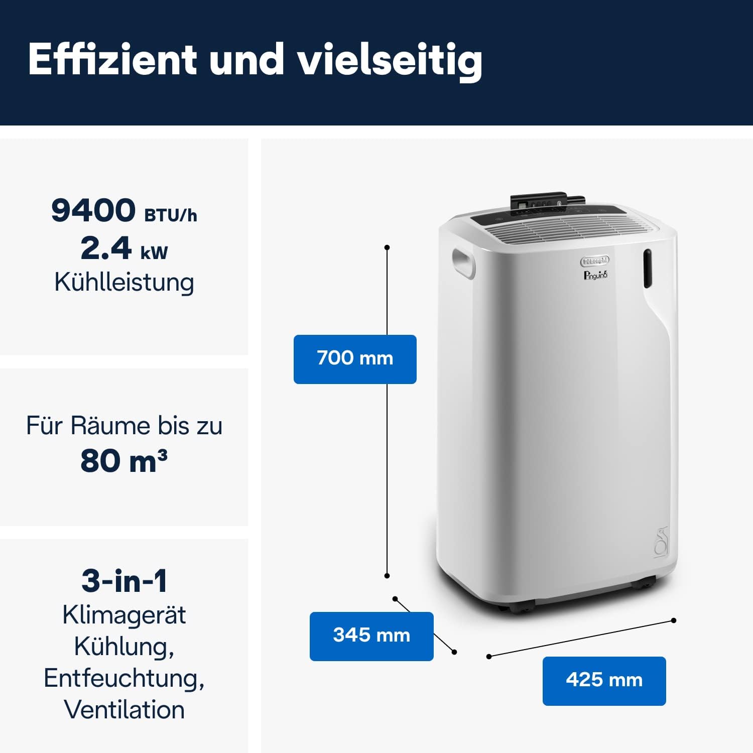 De'Longhi Pinguino - 3-in-1 Mobiles Klimagerät, für Räume bis 27 m², mit Luftentfeuchter & Ventilator, 9400 BTU, Leiser Betrieb, Fernbedienung, 24h-Timer, Energieeffizienzklasse A (PACEM82)
