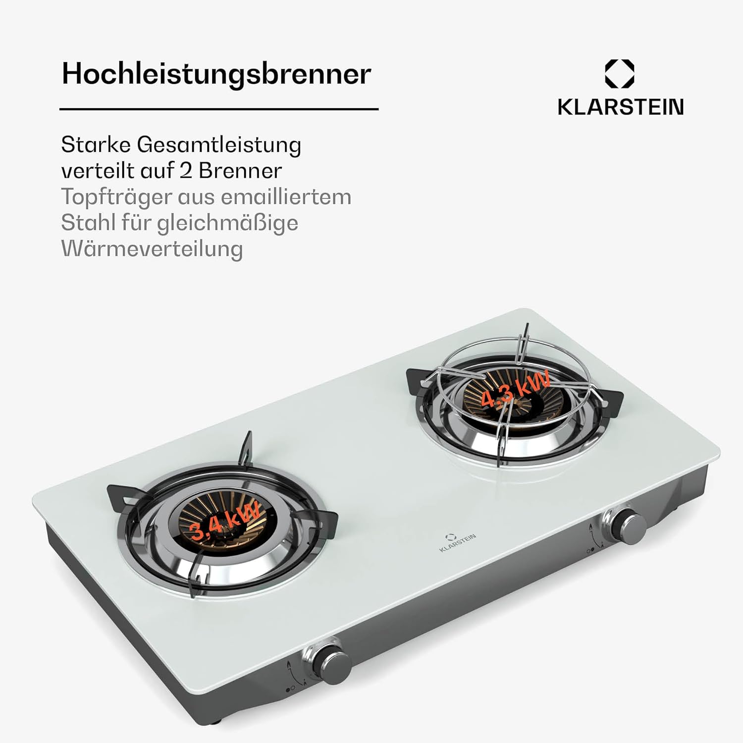 Klarstein Barzona Gaskochfeld, 2-Brenner Edelstahl & Glas, 7,7kW, Tragbarer Campingkocher mit Piezo-Zündung & Flammenausfallsicherung, Kompaktes und Tragbares Design, Weiß