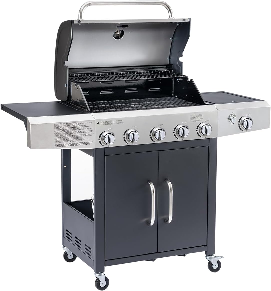 Barbecue a Gas Professionale XXL Con 6 Fuochi Multifunzione Da 19 KW, Completo Di Bruciatore Laterale, Coperchio, Termometro, Griglia In Ghisa, Ruote, Portabombola E Struttura In Acciaio Inox