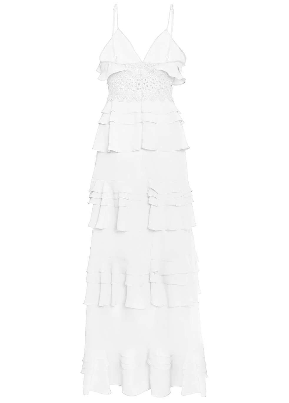 Sophia White Plunge Front Tiered Ruffle Maxi-Dress