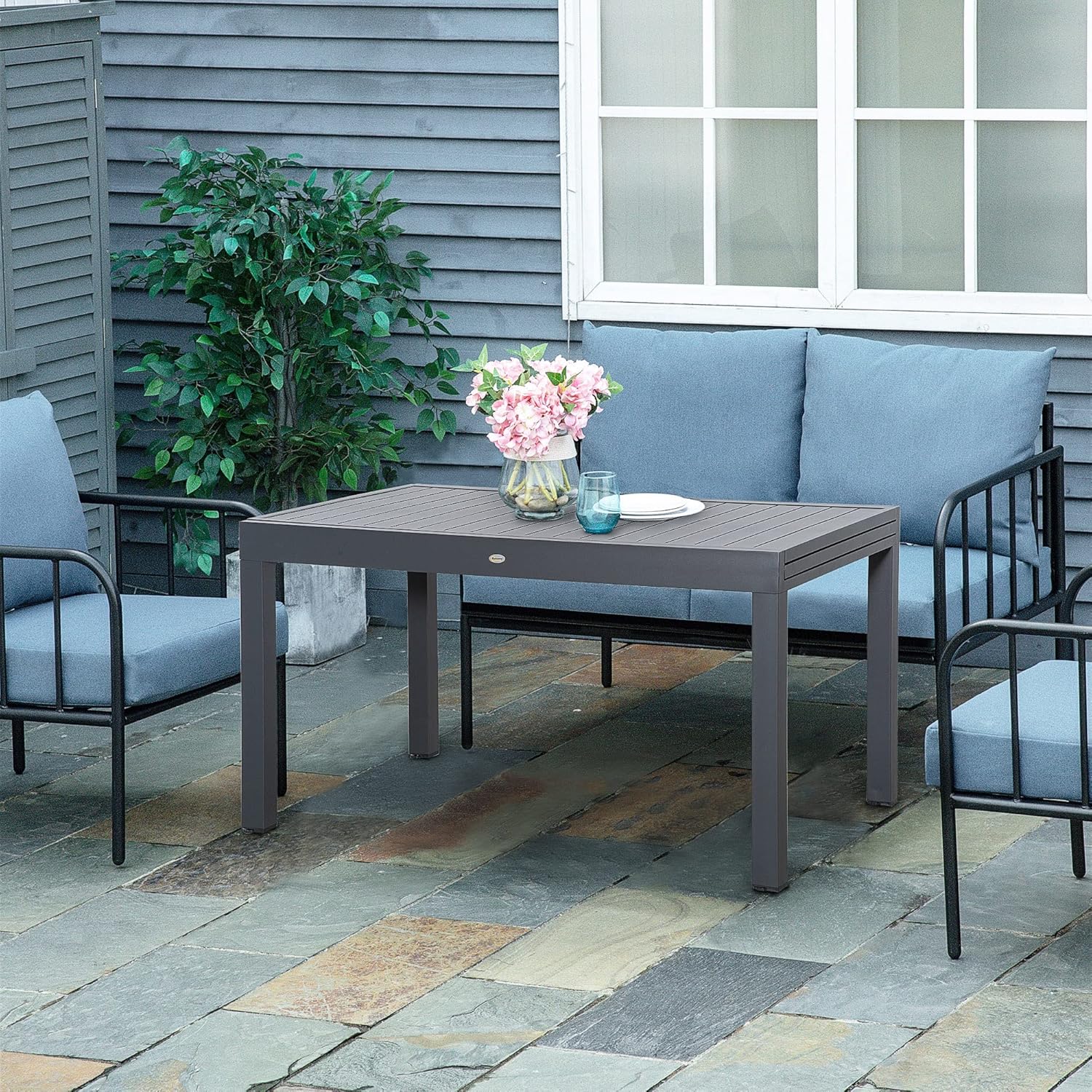 Outsunny Extendable Garden Table for 8-10 People with Aluminium Frame, 135-270 x 90 x 75 cm, Grey