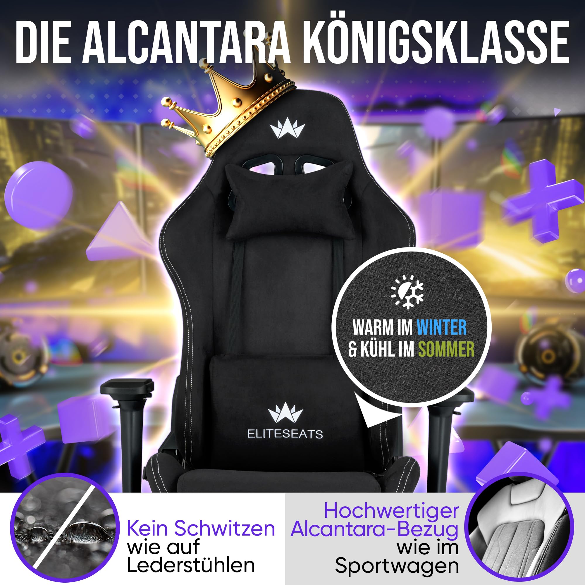Gamingstuhl ergonomisch mit Fußstütze und 4D-Armlehnen, belastbar bis 150 kg, Schwarz