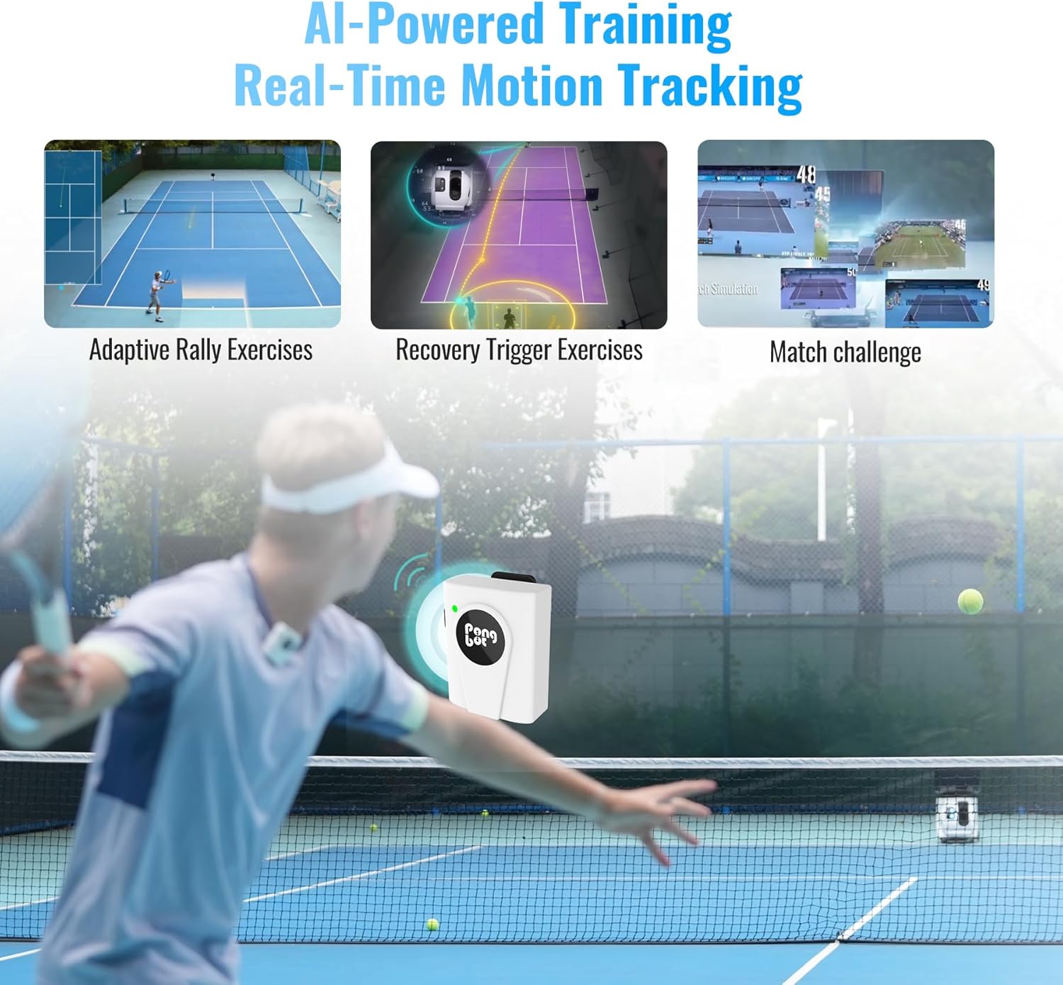 PONGBOT Tennisball-Maschine, App und Fernbedienung, benutzerdefinierte Bohrer, 150 Bälle, max. 80 km/h, 8+ Stunden Ausdauer, Dual-Motor für Topspin und Backspin