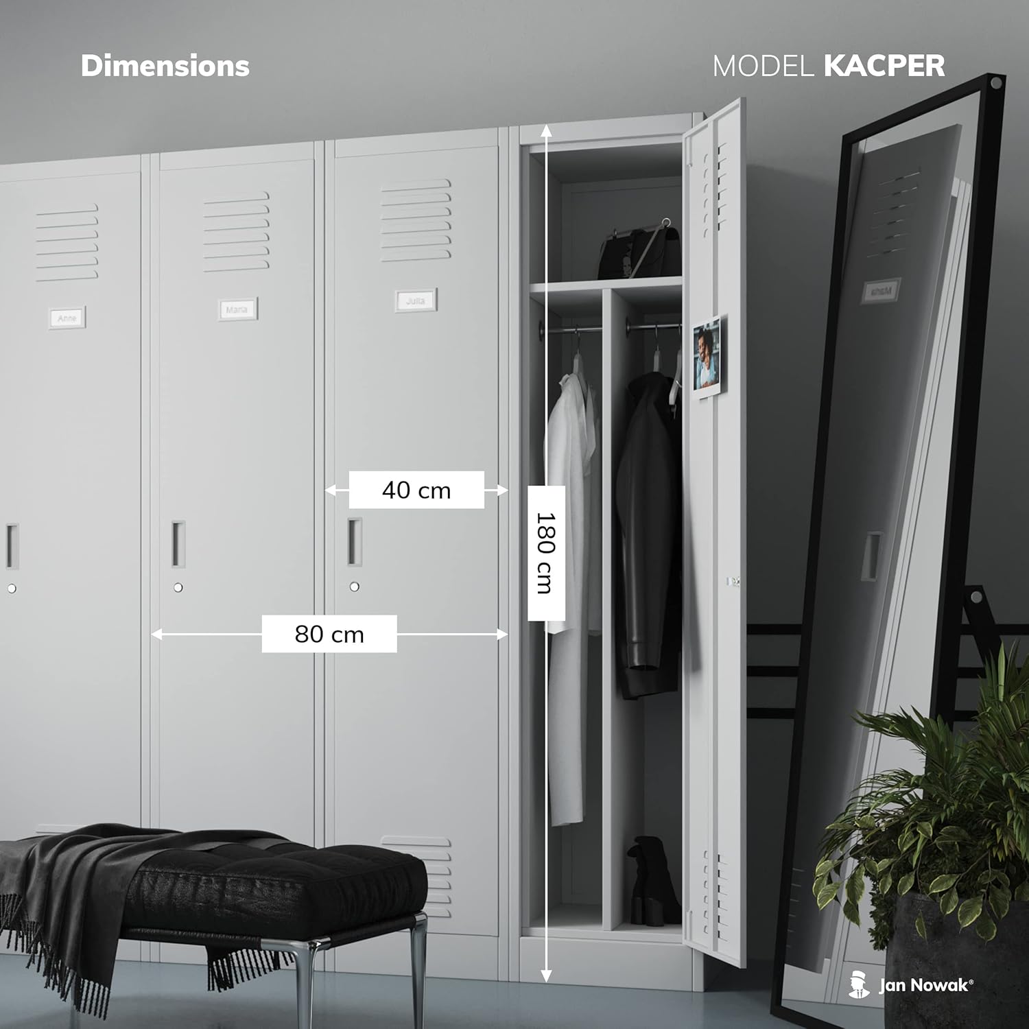 Jan Nowak Dressing Room Cabinet Metal Cabinet 2 Compartments Partition Wall Ventilation Slots Powder Coating 180 cm x 80 cm x 50 cm (Anthracite-White)
