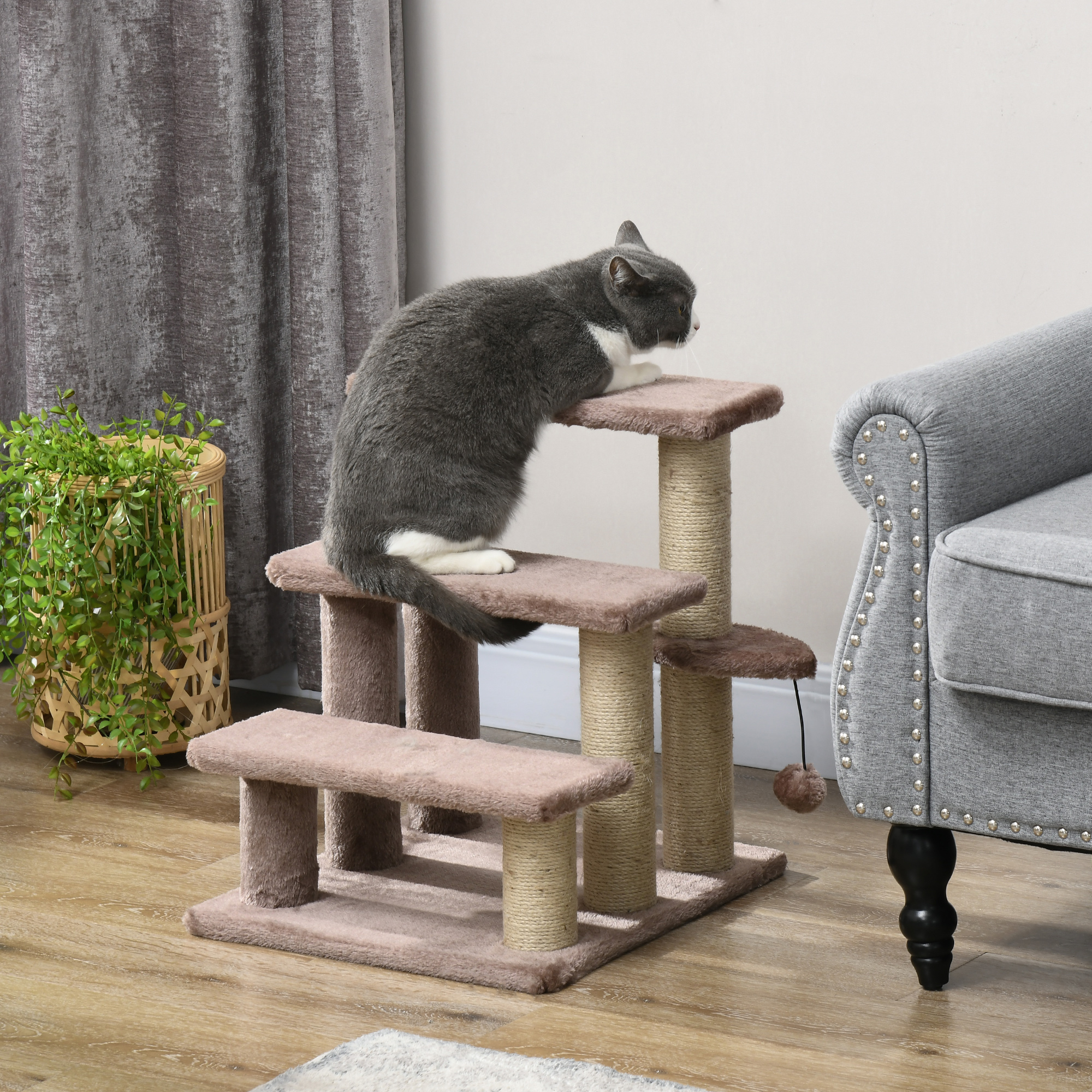 PawHut Kratzbaum, Haustiertreppe, 3 Stufen, Spielball, bis 5 kg, 45x40x48cm, Braun