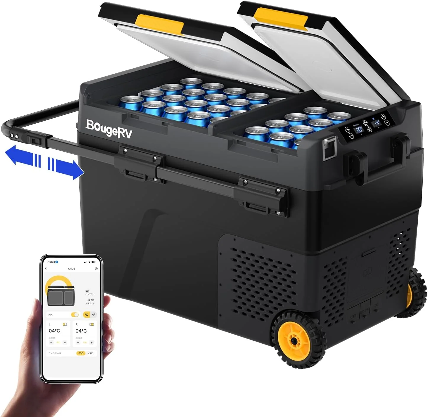 BougeRV CRD2 Kompressor Kühlbox 49L mit Gefrierfach Doppeltür Dualzonen (Verbesserter Alu-Griff) Auto Kühlbox mit Rollen 12V/24V 230V Camping