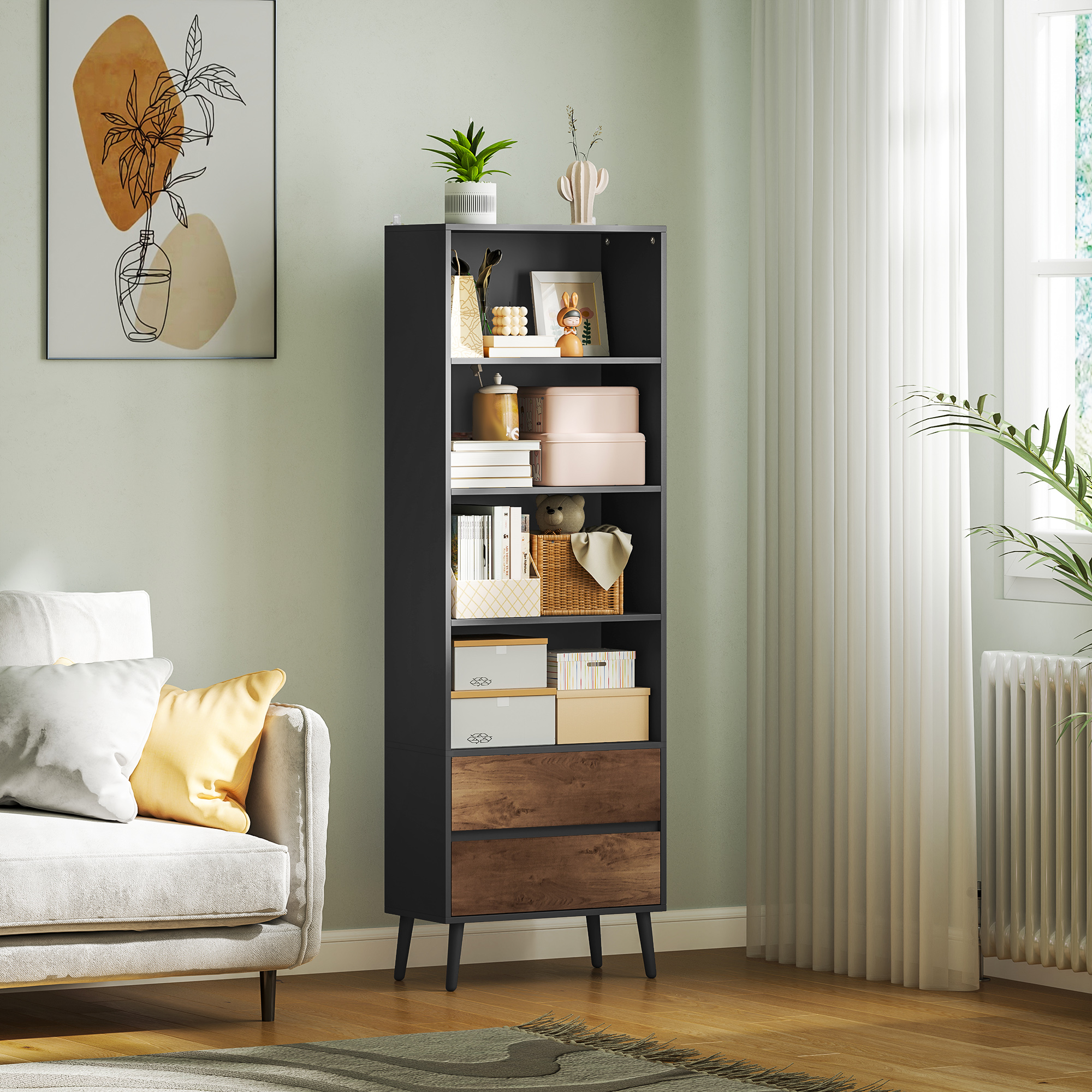 HOMCOM Bücherregal Aufbewahrungsregal mit 4 offenen Fächern und 2 Schubladen, 60 x 30 x 179 cm, grau
