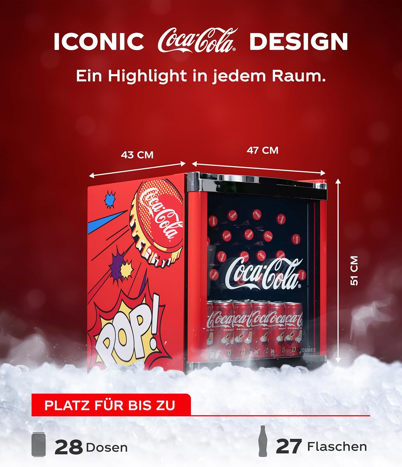 °CUBES Original Coca-Cola PopArt Mini Kühlschrank Rot (48L) - Getränkekühlschrank mit Glastür, leise & energieeffizient - Perfekt für Büro, Partys & Gaming - Cooler Flaschenkühlschrank - Für Getränke
