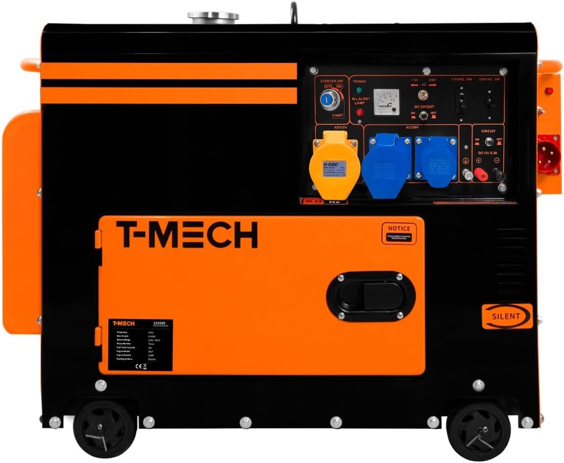 Generatore diesel silenzioso monofase ATS 230V 6kVA 6500W 13115V/230V Avvio elettrico Telaio chiuso Potenza di emergenza 4 ruote Acciaio verniciato a polvere nera Capacità 20L Kit attrezzi e imbuto