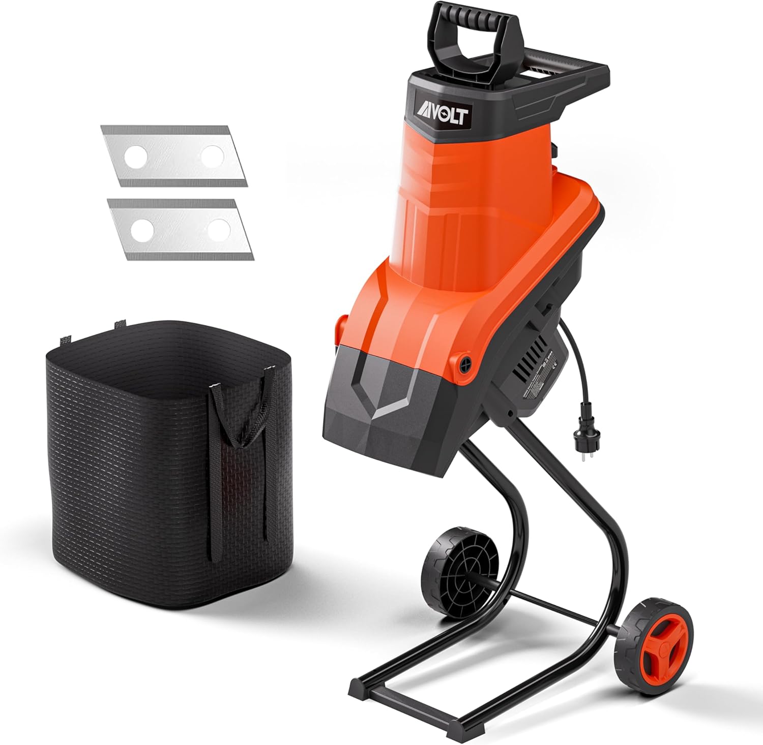 Wood chip cutter, shredder, rotary cutter. 1800-watt electric wood chip cutter, equipped with collection bag, with a cutting diameter of 45 millimeters, suitable for composting, yard cleaning, lawn maintenance and other purposes.