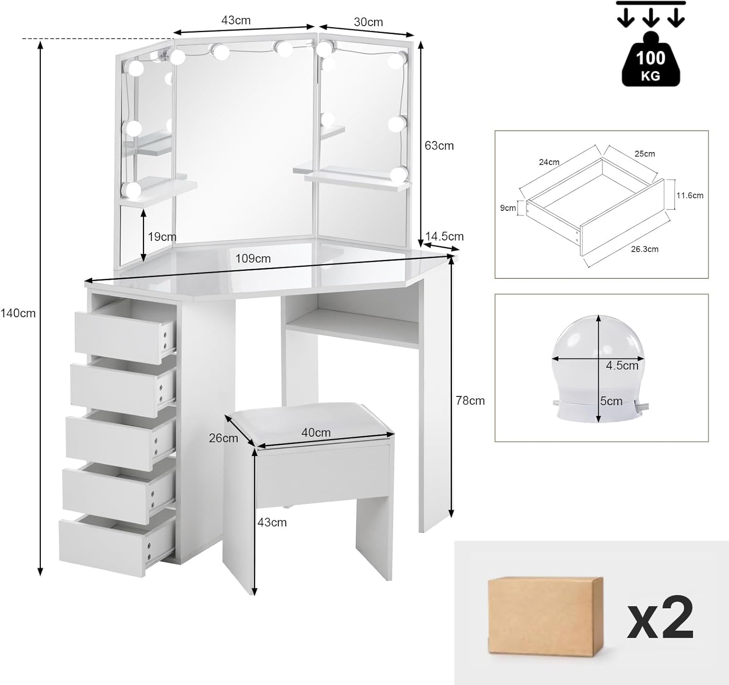TUKAILAi Dressing Table with Mirror, Three Sides, Modern Make-up Vanity Table with LED Lights and Stool, White Corner Makeup Table with 5 Drawers and 2 Open Shelves 114 x 61 x 140 cm Bedrooms