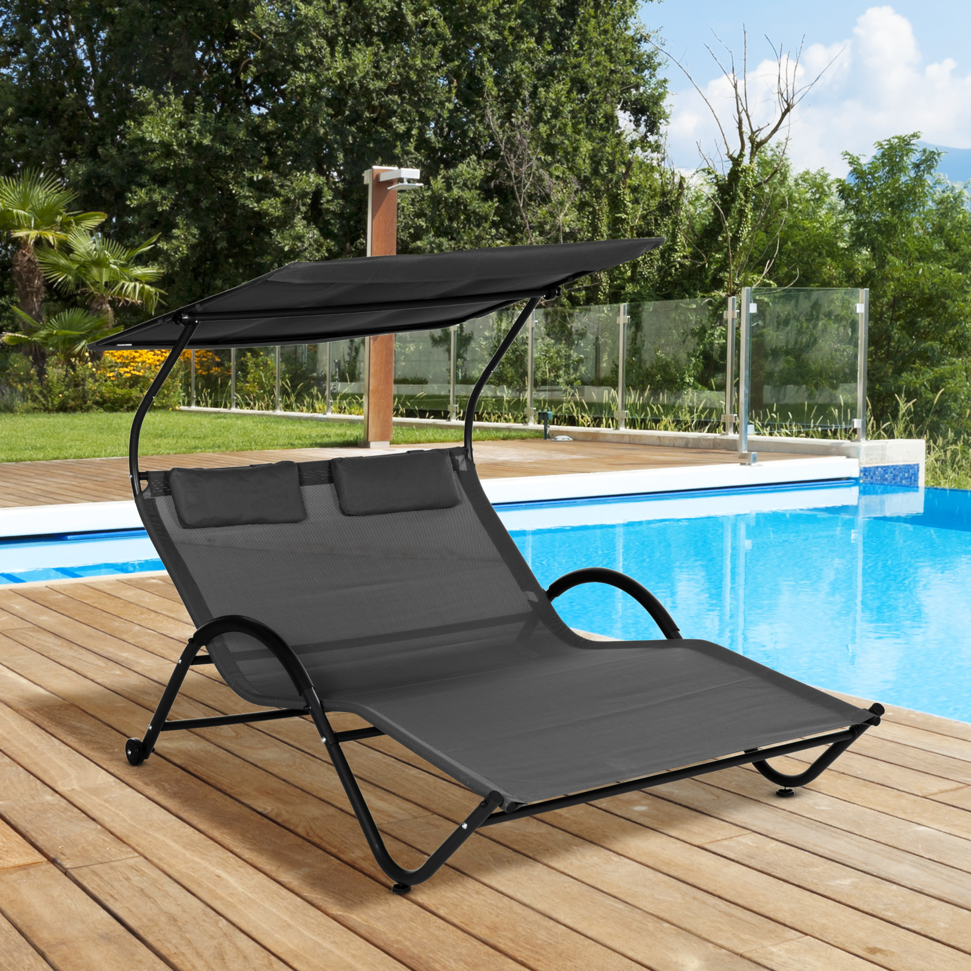 Outsunny Sonnenliege Sonnenbett Liegestuhl mit Baldachin, Kopfkissen und Rollen aus Stahl und Polyester Dunkelgrau