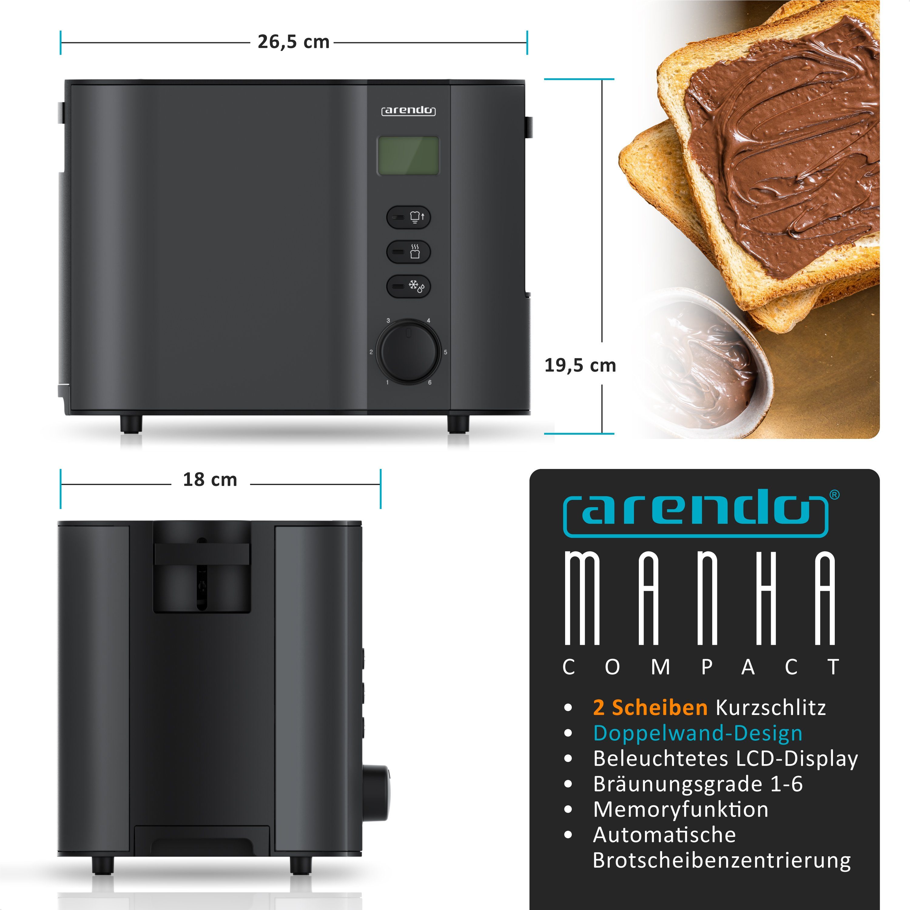 Toaster 2 Scheiben Kurz, Edelstahl, Kurzschlitz, Display, Restzeitanzeige