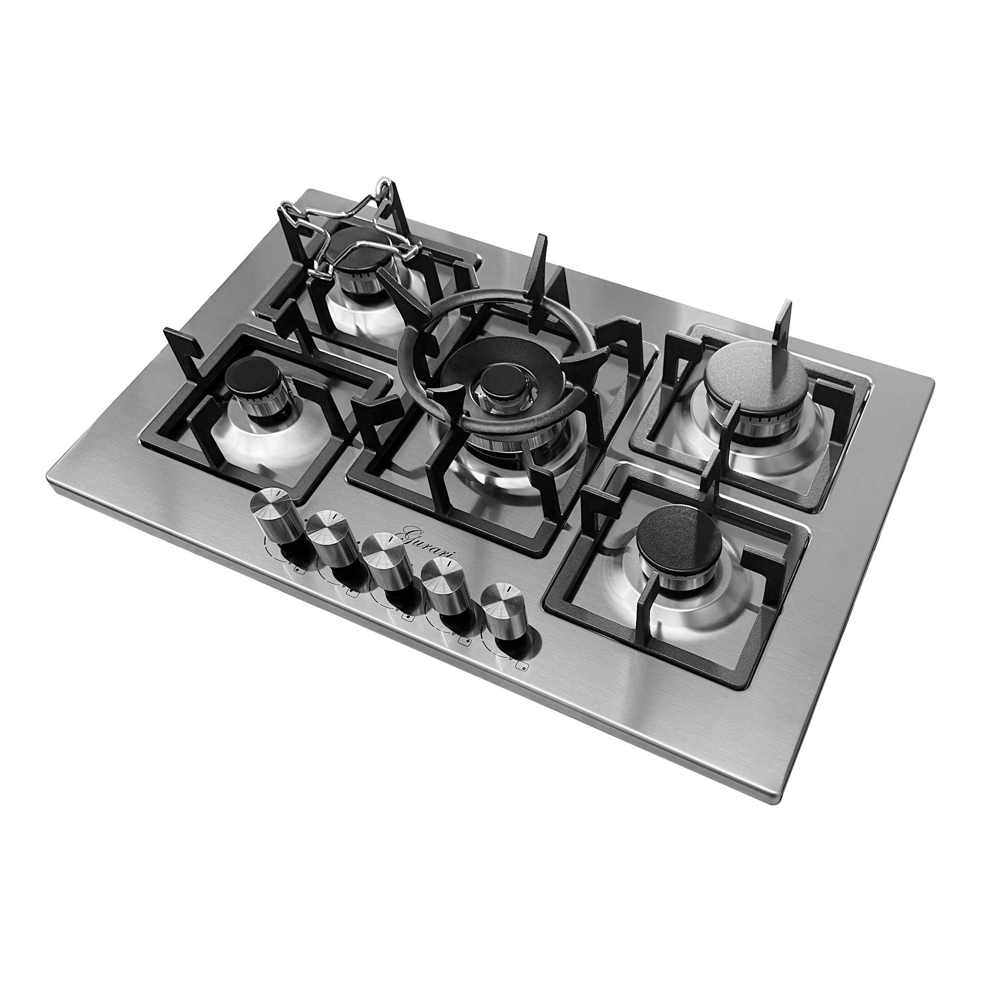 Gas-Kochfeld GCH FQ 755+WOK Adapter, 75 cm, Edelstahl, 4,0 KW WOK, 5 Gasbrenner,Erdgas, FL.Gas