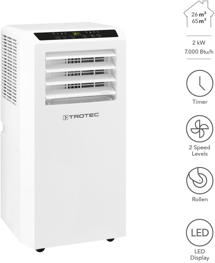 TROTEC Lokales Klimagerät mit Heizfunktion PAC 2010 SH mobile Klimaanlage 4-in-1 Kühlung, Beheizung, Ventilation, Entfeuchtung Klimagerät 2 kW 7.000 BTU/h für Raumgröße bis 26 m² und 65 m³