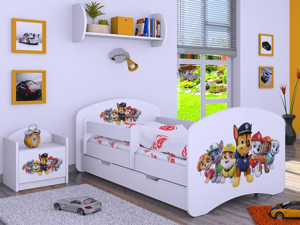 BDW Kinderbett Super Hunde, Babybett mit Matratze und Schublade, Bequem und Langlebig Rausfallschutz Bett, 180x90, Kinderzimmer, Weiß (Motiv 3)
