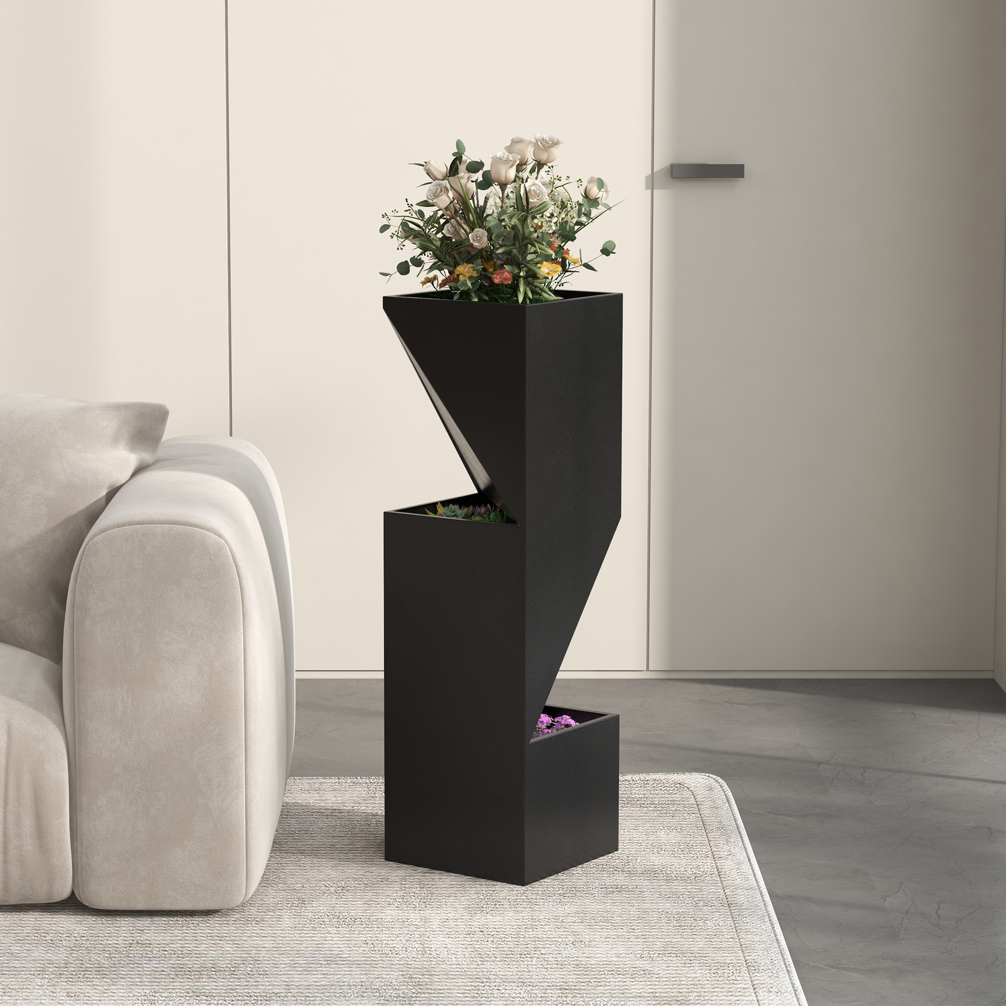 Outsunny Blumentopf Pflanzkübel für den Innenbereich mit Entwässerungslöchern aus Metall, Abmessungen 30L x 30B x 100H cm schwarz