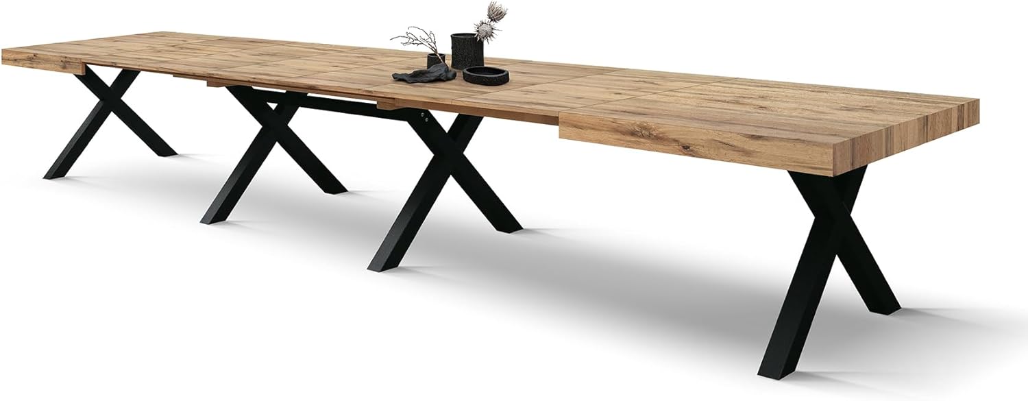 PAZZO DESIGN Tavolo Allungabile Roberta, Tavolo Soggiorno, Tavolo Cucina, Rovere Rustico, Gambe Incrociate Nere a X, Da 180 a 480 cm, Made in Italy - id_2005