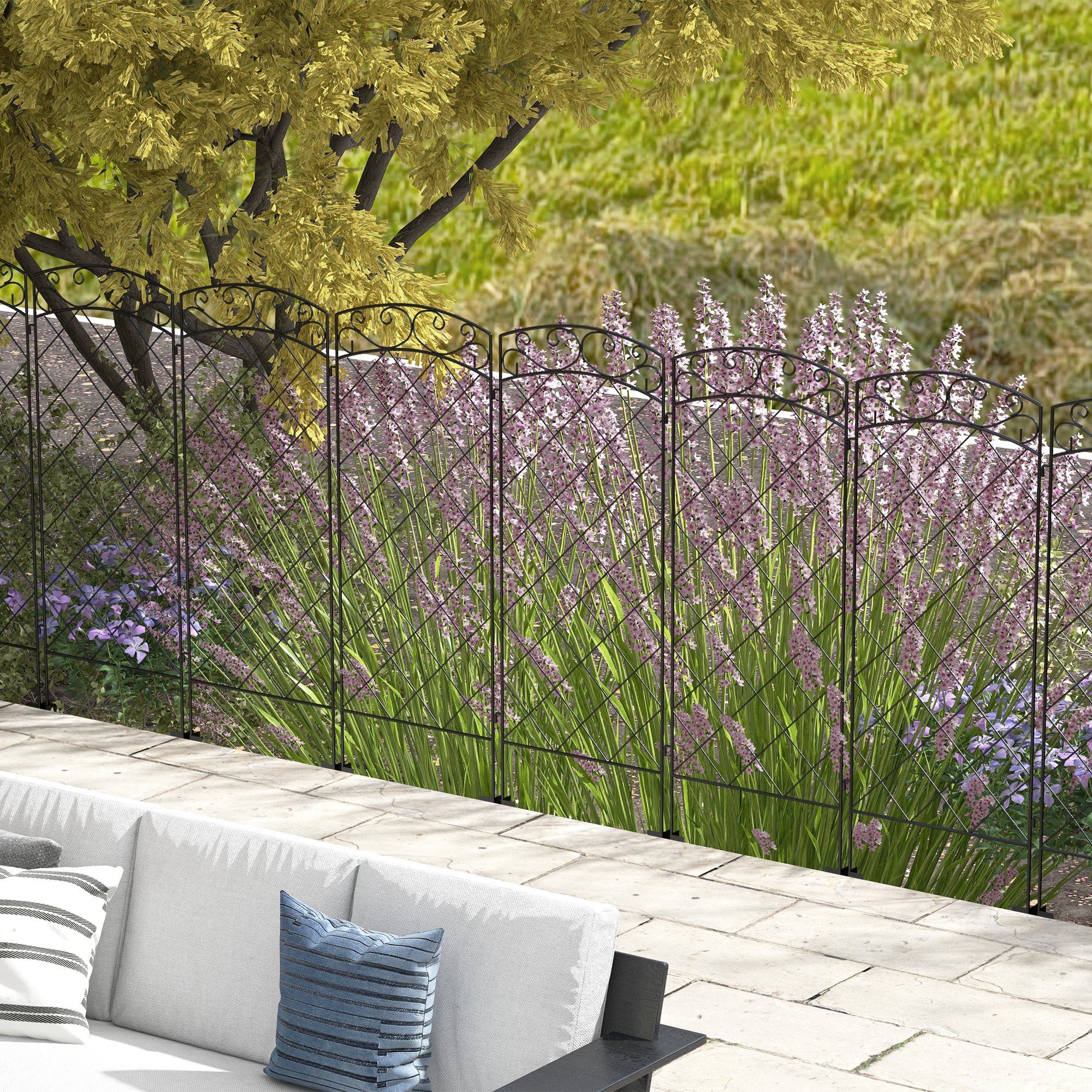Outsunny Set mit 7 dekorativen Metallgartenzäunen mit Verzierungen - 344L x 110H cm Schwarz
