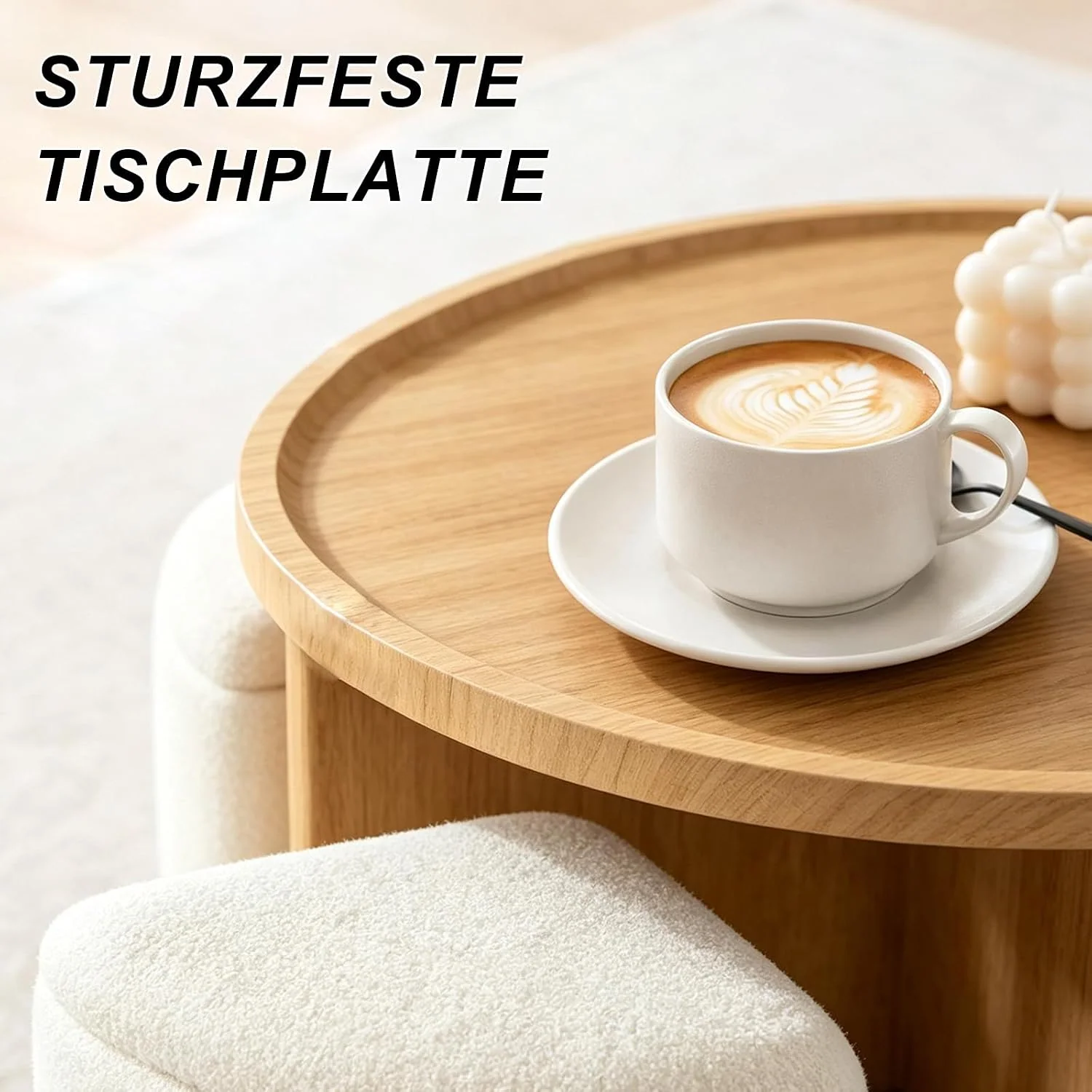 Runder Couchtisch mit 4 Hockern & Stauraum, 80 cm, platzsparend