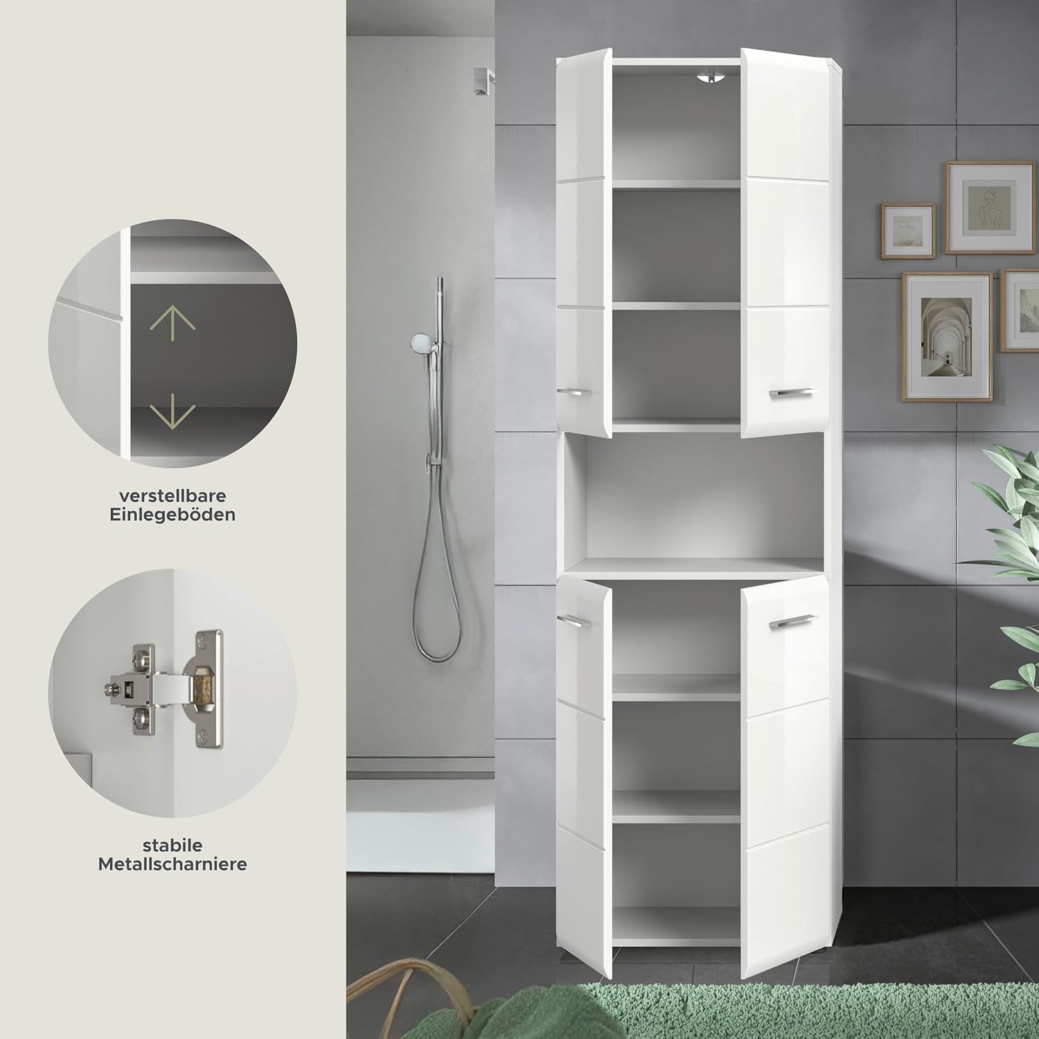 xonox.home - Hochschrank Ice 60x185x30 cm in Front weiß Hochglanz Tiefziehfront Korpus weiß - breiter Badhochschrank - stilvoll und funktional