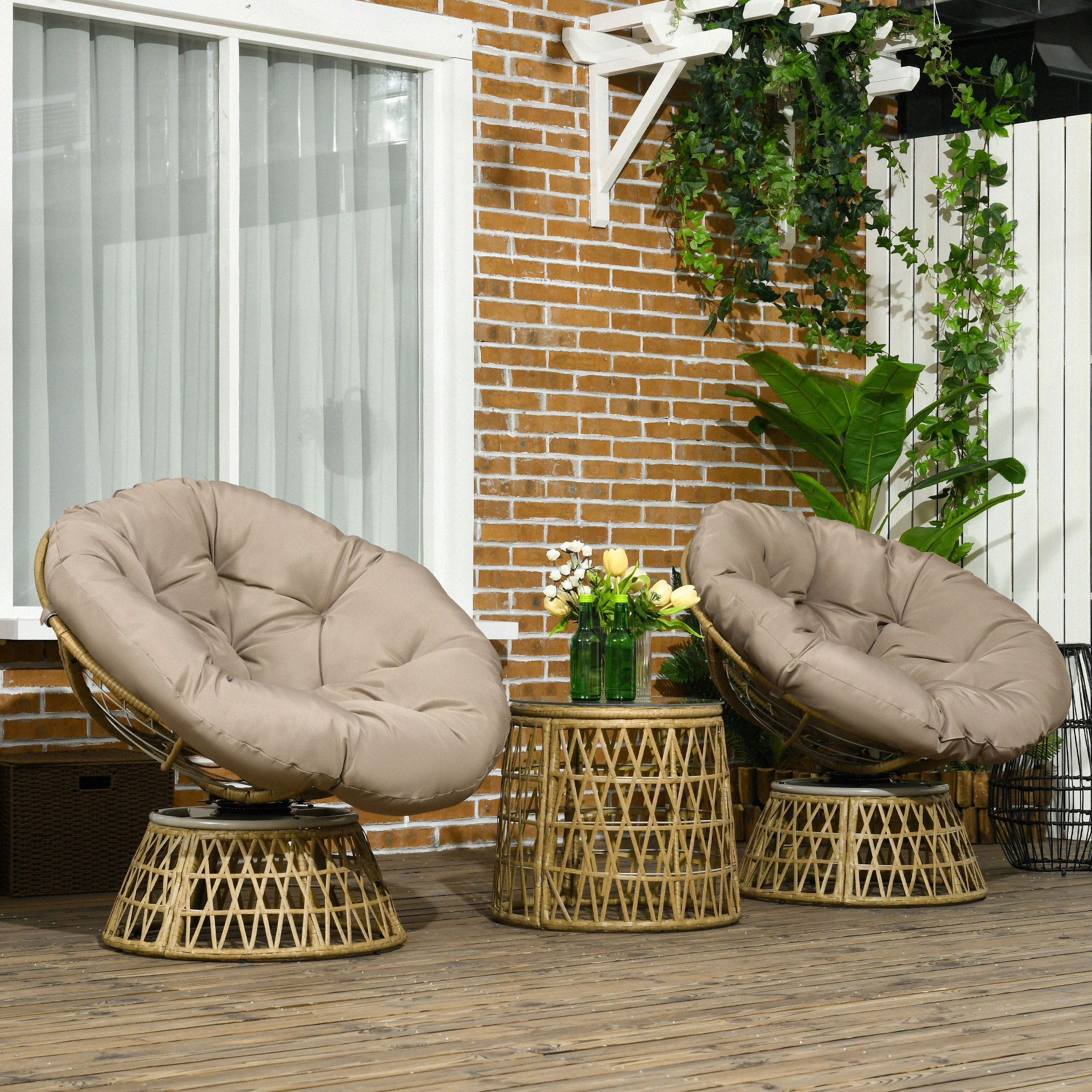 Tuinmeubelset 3-delig, Bistroset - Weerbestendig - Afneembare kussens - 85 cm x 70 cm x 82 cm - Natuurlijk + Lichtbruin