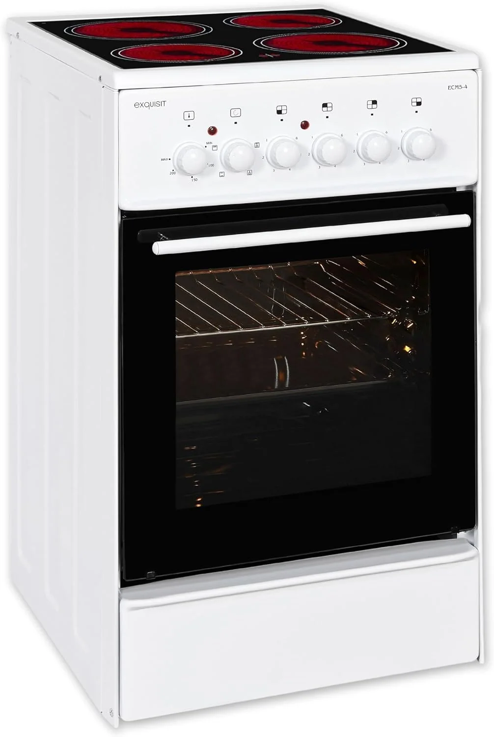 Exquisit Standherd, Standherd 50cm mit Glaskeramik Kochfeld, Backofen mit Umluft & Grill, Elektroherd freistehend 50 cm weiß, Ober- / Unterhitze