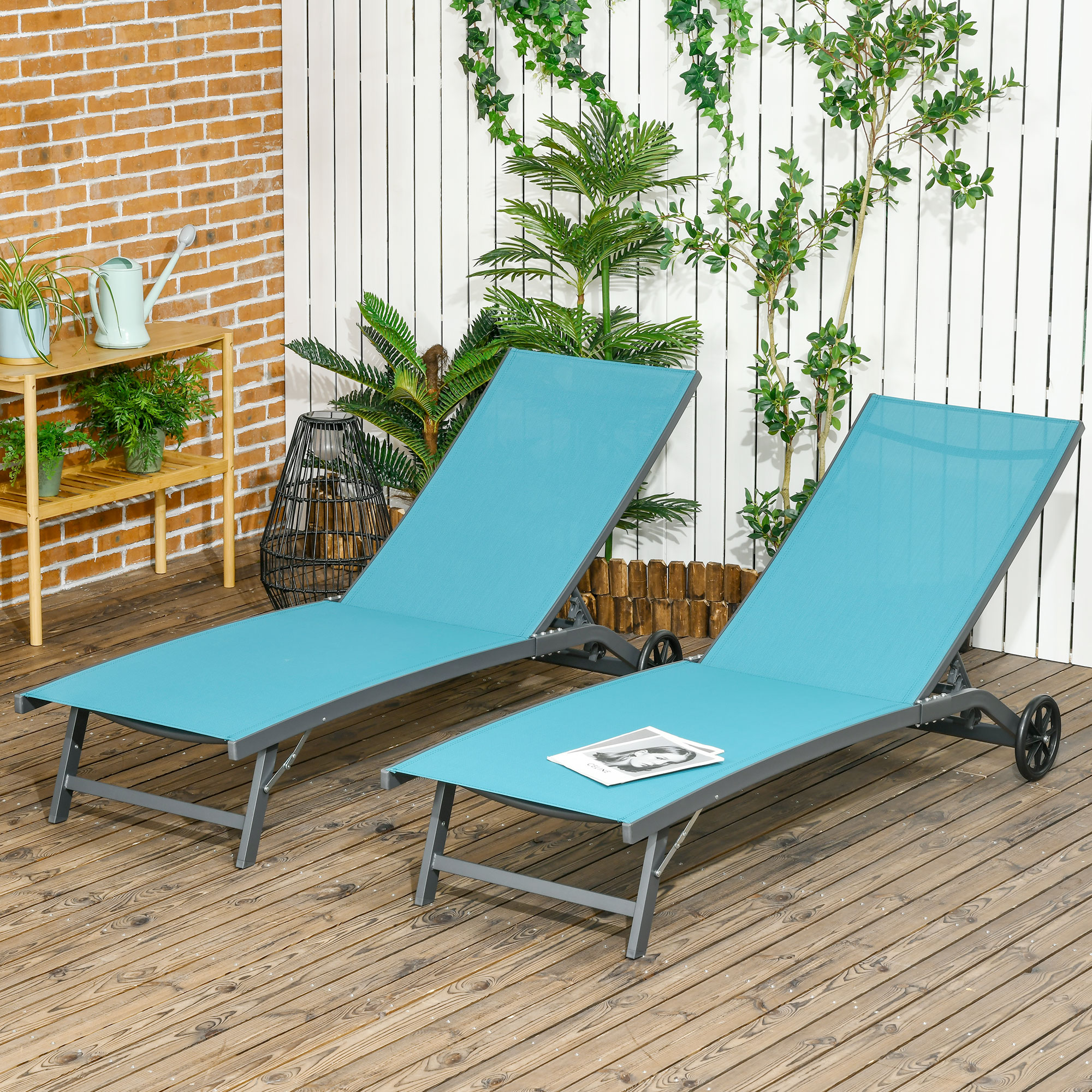 Outsunny Set mit 2 Sonnenliegen aus Aluminium und Textilene mit Rollen verstellbarer Rückenlehne max. 150 kg Blau