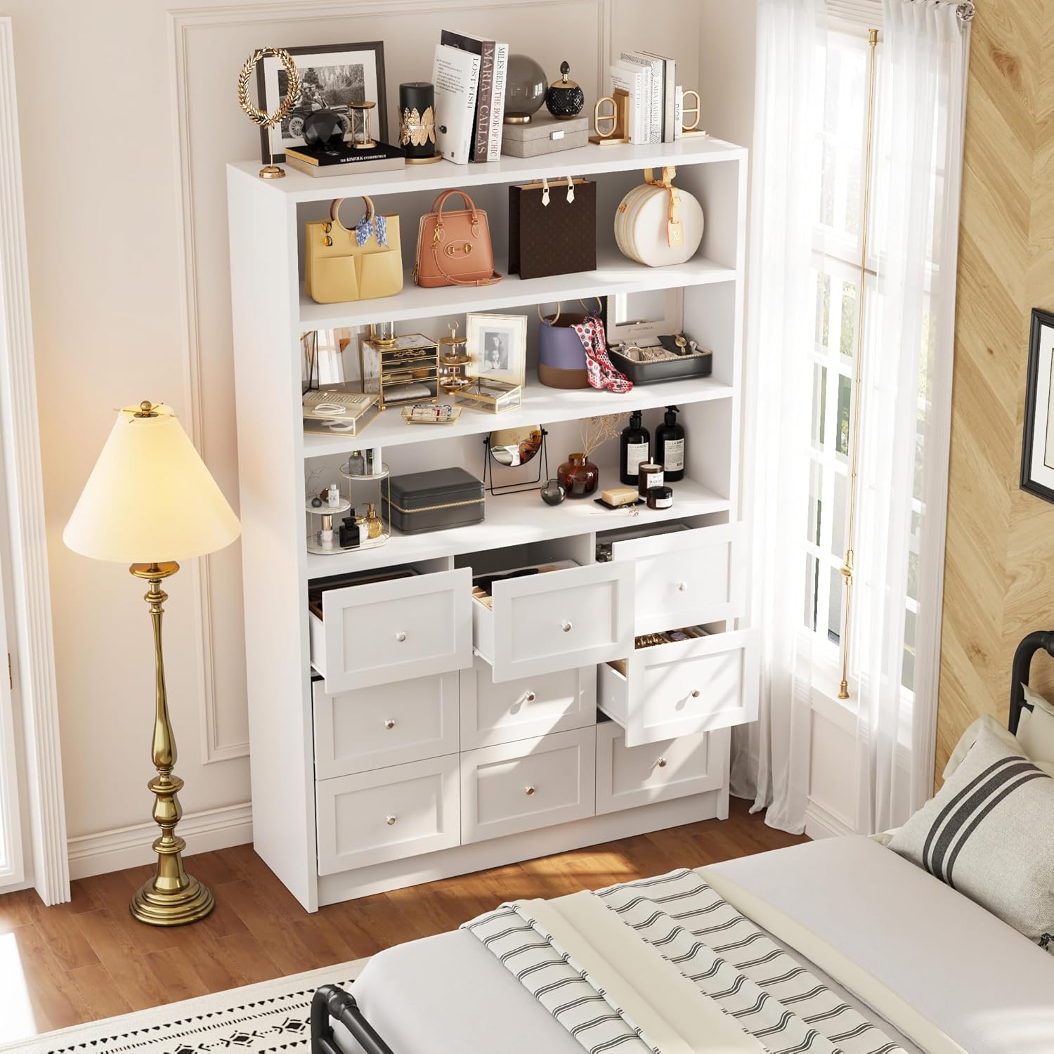 Libreria Armadietto a 9 cassetti, 3 scomparti aperti, maniglie in metallo, multifunzione, 180 x 120 x 39 cm, bianco, MDF
