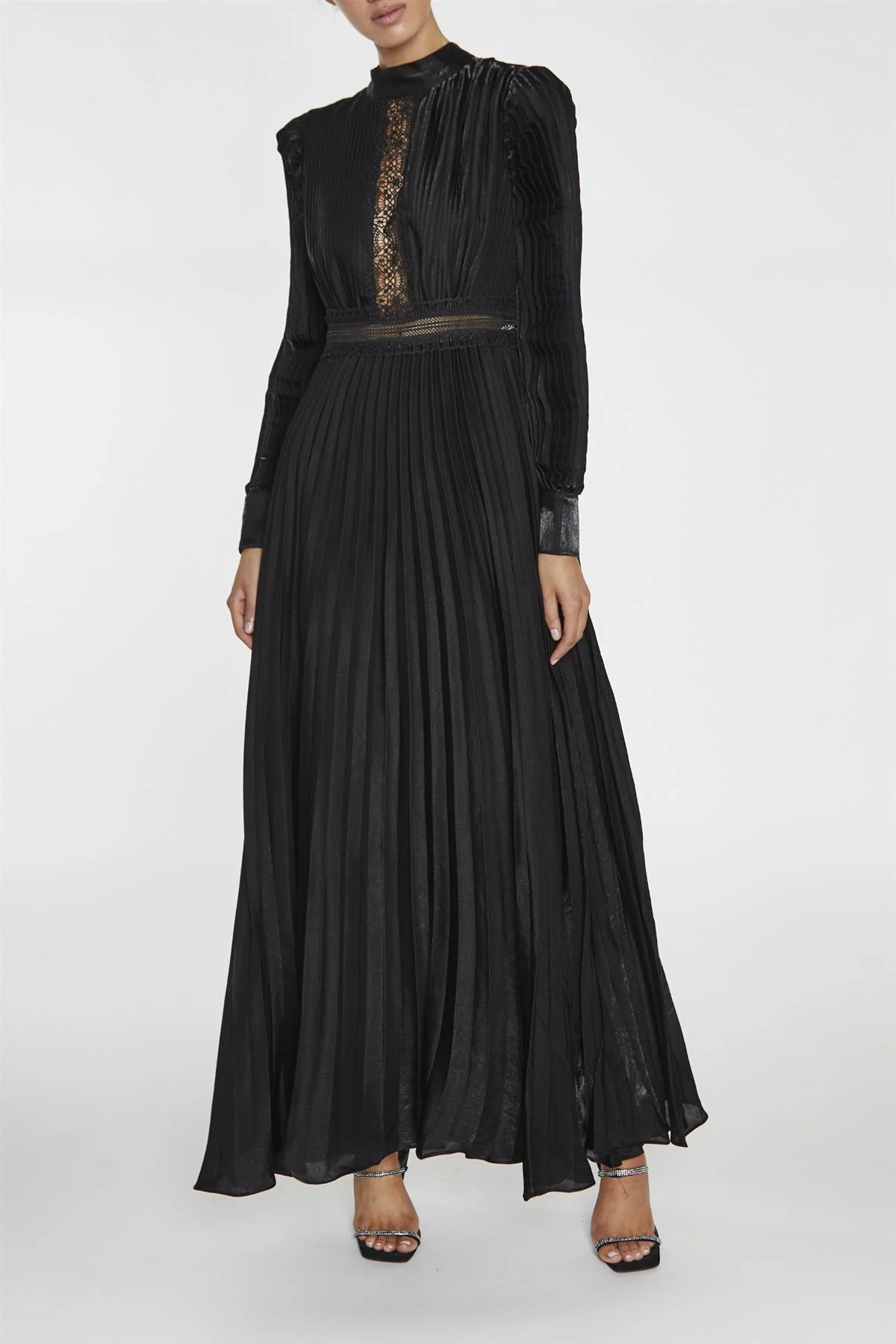 Athena Black Pleated Long Sleeve Maxi-Dress