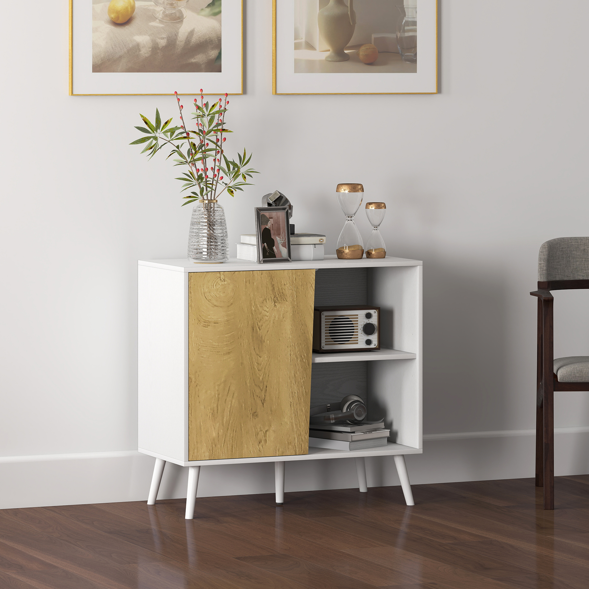 HOMCOM Sideboard mit Schrank und Aufbewahrungsfach, aus Holz, 80x39x76 cm, Weiß