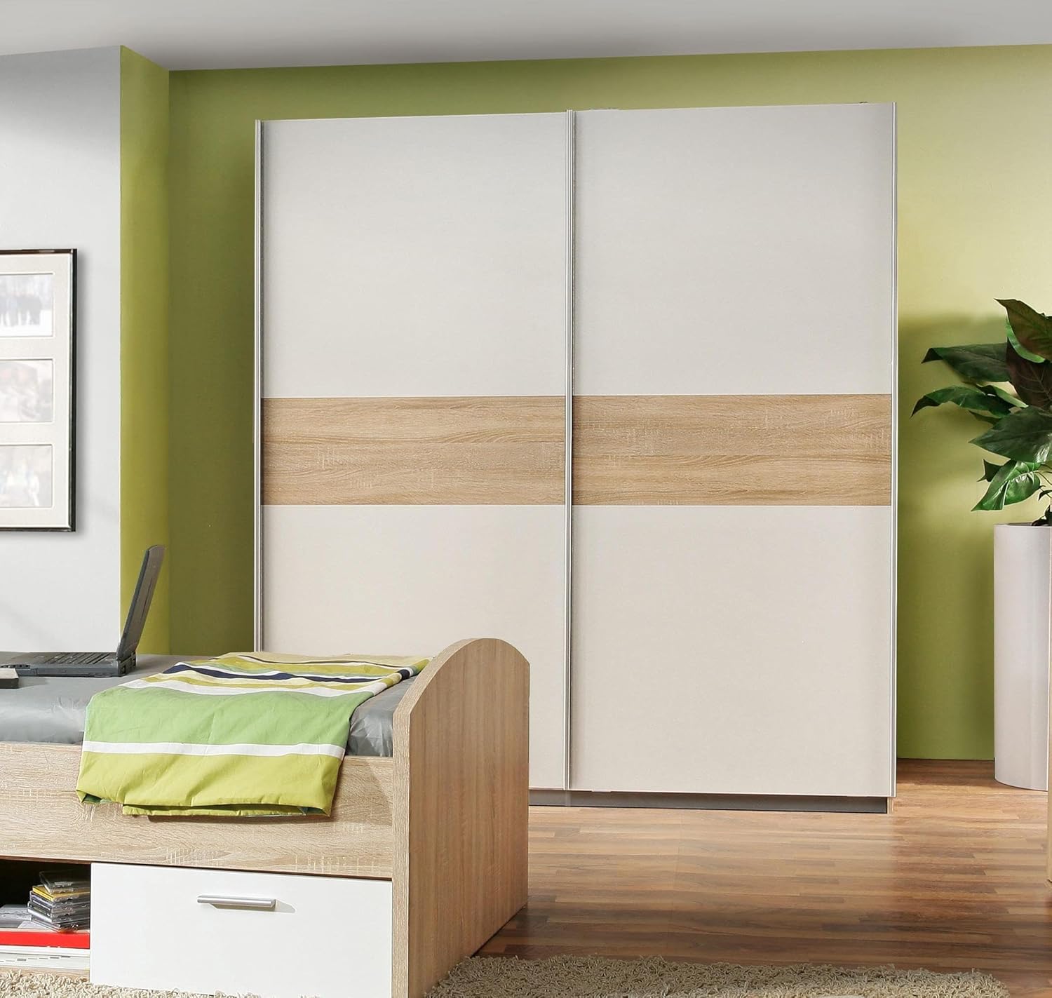 Forte WINNER Schrank 150, moderner Kleiderschrank Weiß, Schwebetürenschrank, 2-türig, Weiß / Holzdekor Sonoma Eiche, 150 cm breit x 190,5 cm hoch x 61 cm tief