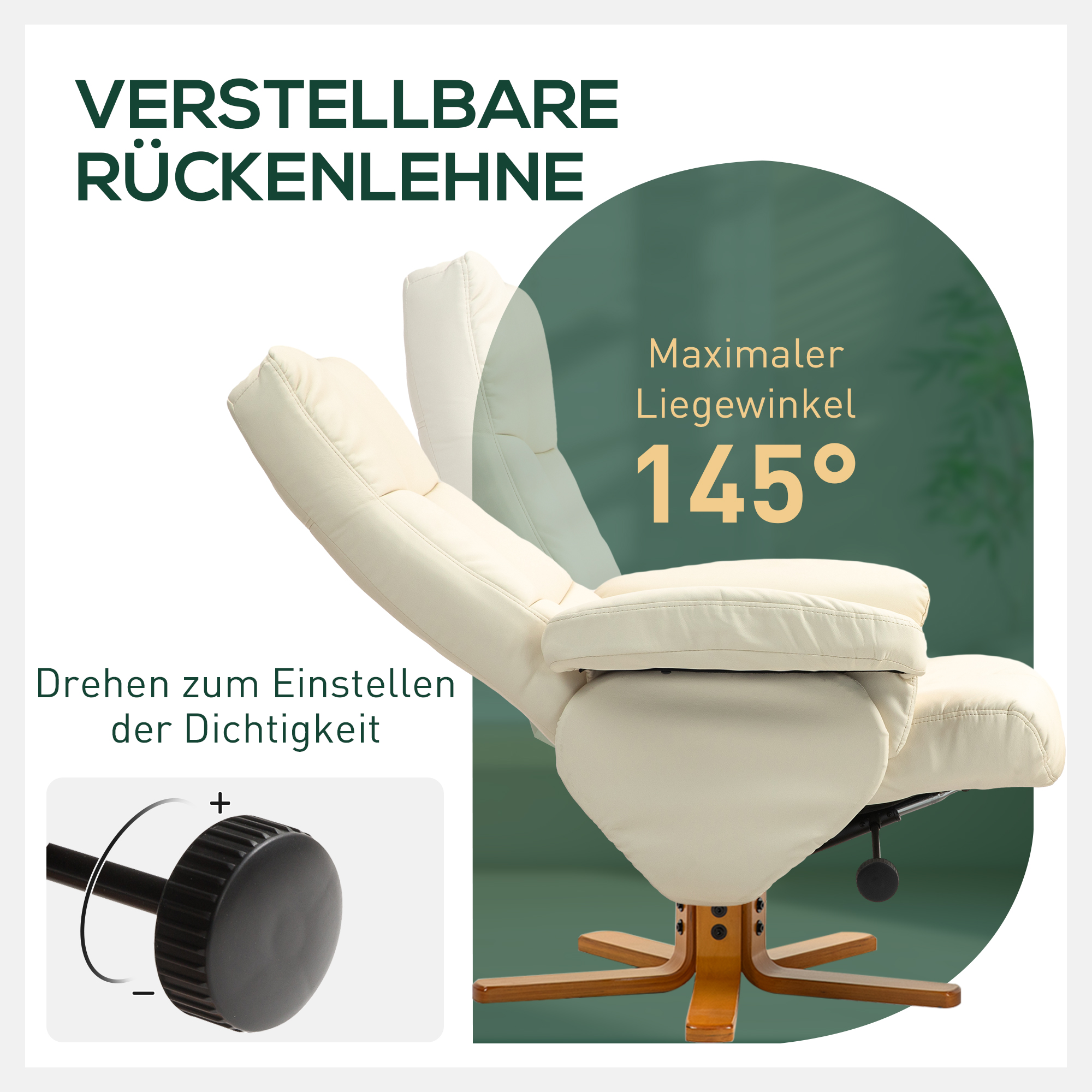 Relaxfauteuil met Hocker, 145�� Kantelbare Rugleuning, 360�� Draaibaar, Kunstleer, Cr��mewit