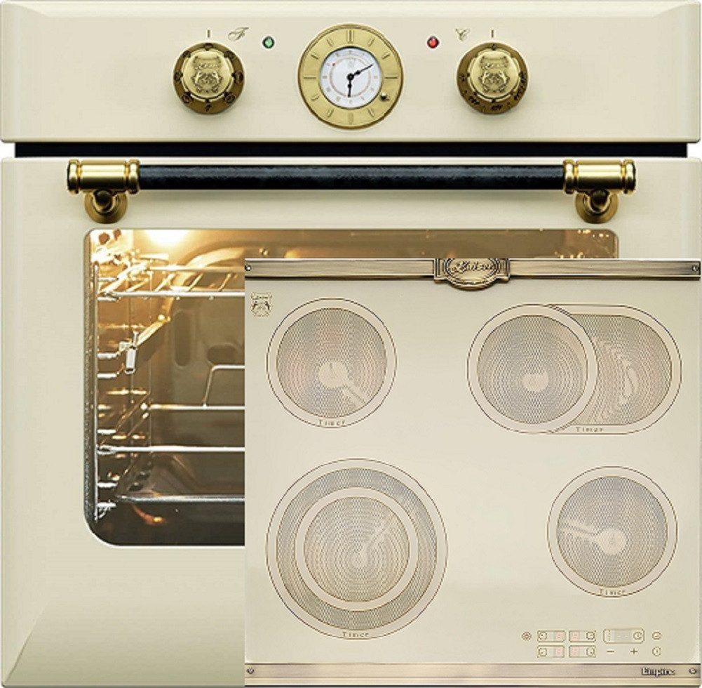 Backofen-Set Herd Set Autark Retro Einbau Backofen Elektro, 68 L mit Glaskeramik Kochfeld 60cm Einbau Herd 4 QuickHeat-Kochzonen Hi-Light EH 6432 ElfBE +KCT 6185 ElfEm