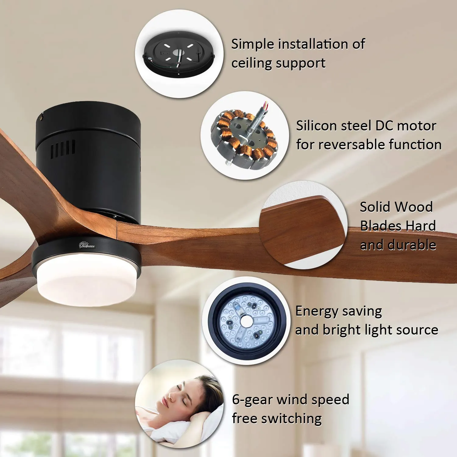 Sofucor 52 Inch Low Profile Ceiling Fan 3 Carved Wood Fan Blade Noiseless