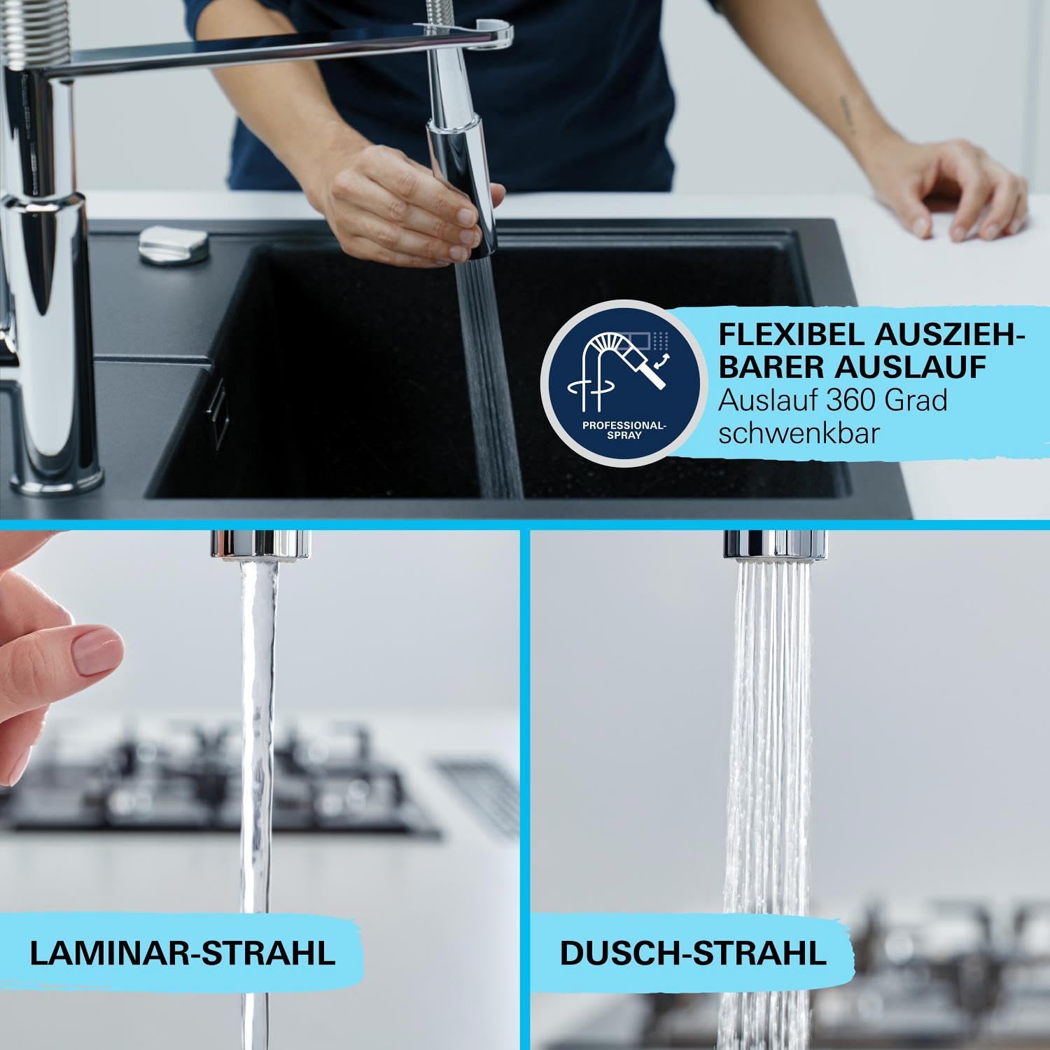 Küchenarmatur 30361000 mit herausziehbarer Brause 2 Strahlarten 360° schwenkbar 35-mm-Keramikkartusche Temperaturbegrenzer Chrom