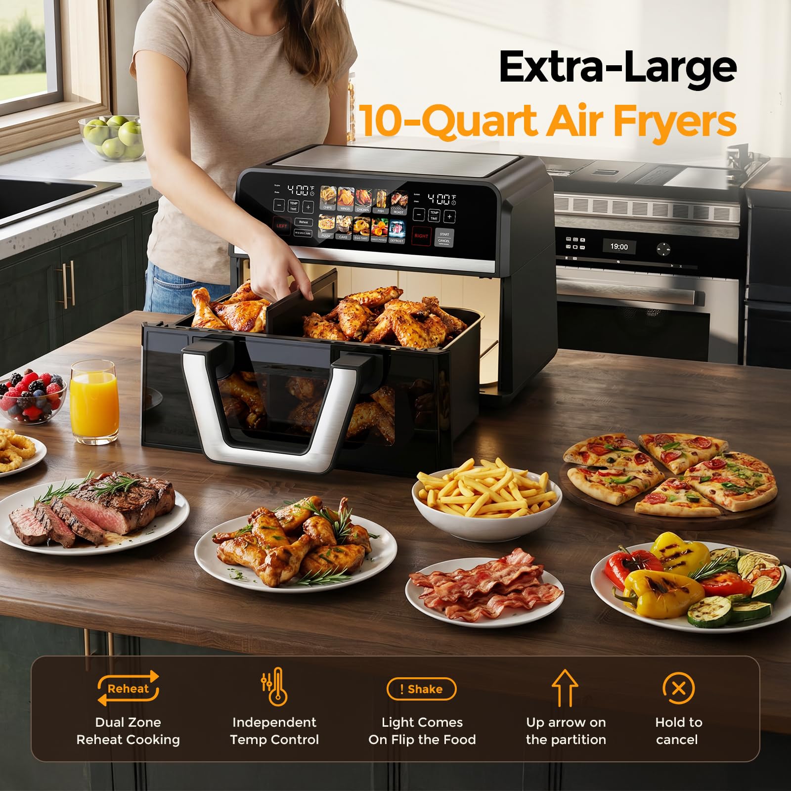 10-in-1 Heißluftfritteuse 10 L mit Dual-Zone, 2500 W, 360° Kochfenster, Farb-Touchscreen, spülmaschinenfeste Teile