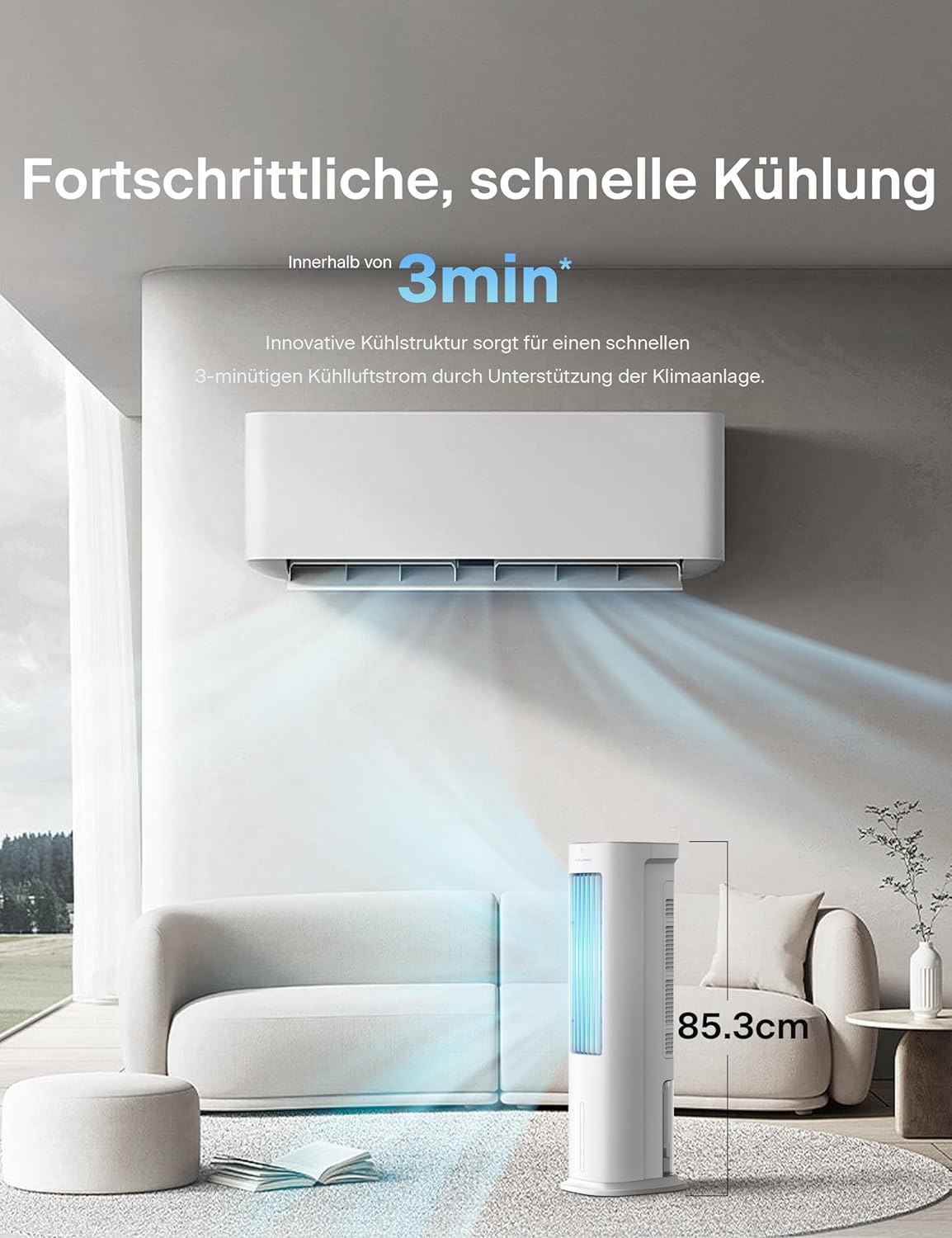 PELONIS Luftkühler mit Wasserkühlung, Klimaanlage Mobil, 5L Ventilator mit Wasserkühlung, Klimagert Luftbefeuchter mit Fernbedienung, 355m/h Klimaanlage Ohne Abluftschlauch