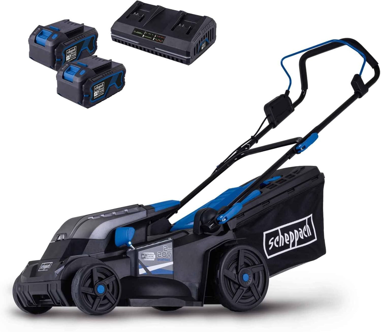 Scheppach Akku Rasenmäher BC-MP380-X 38cm Schnittbreite für 450-500m2 45L Korb Schnitthöhe 25-75mm Brushless 20V-IXES-Serie 10 Jahre Garantie 2x4Ah Akku  und  Fastcharge Doppelladegerät
