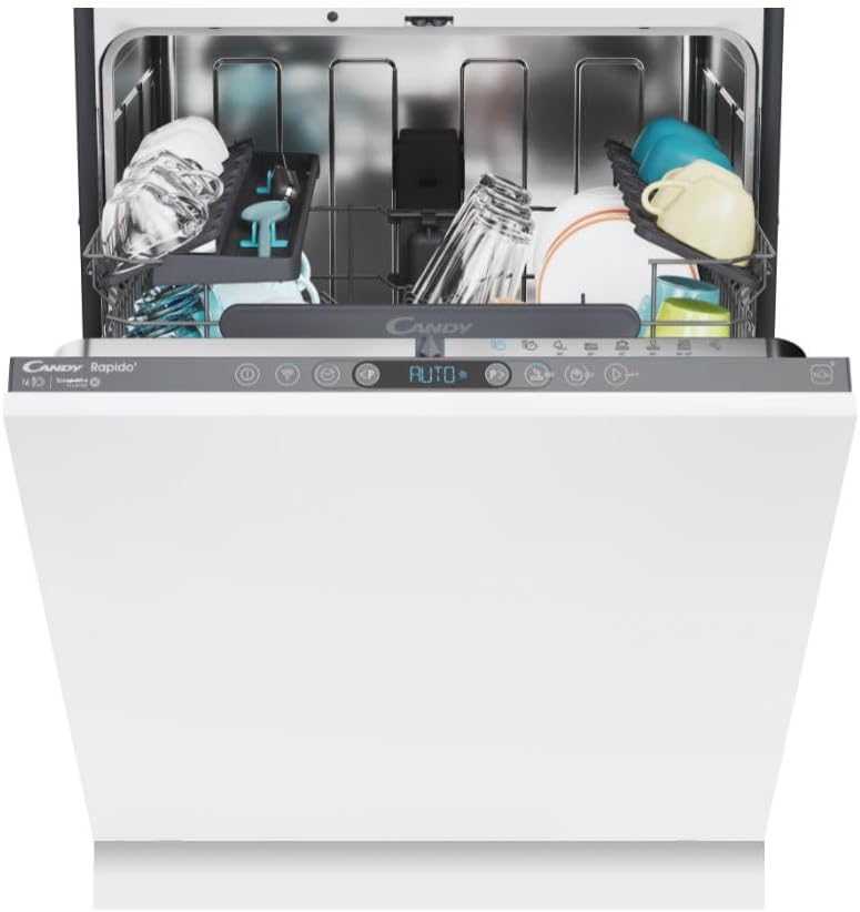 Candy Rapido' Lavastoviglie da Incasso 60 cm, 16 Coperti, 8 Programmi, Classe C, Connessione Wi-Fi + BLE, App hOn, Apertura Automatica, Capiente e Silenziosa, 55,5 x 59,7 x 81,8 cm, Bianca - CI 6C4F0A