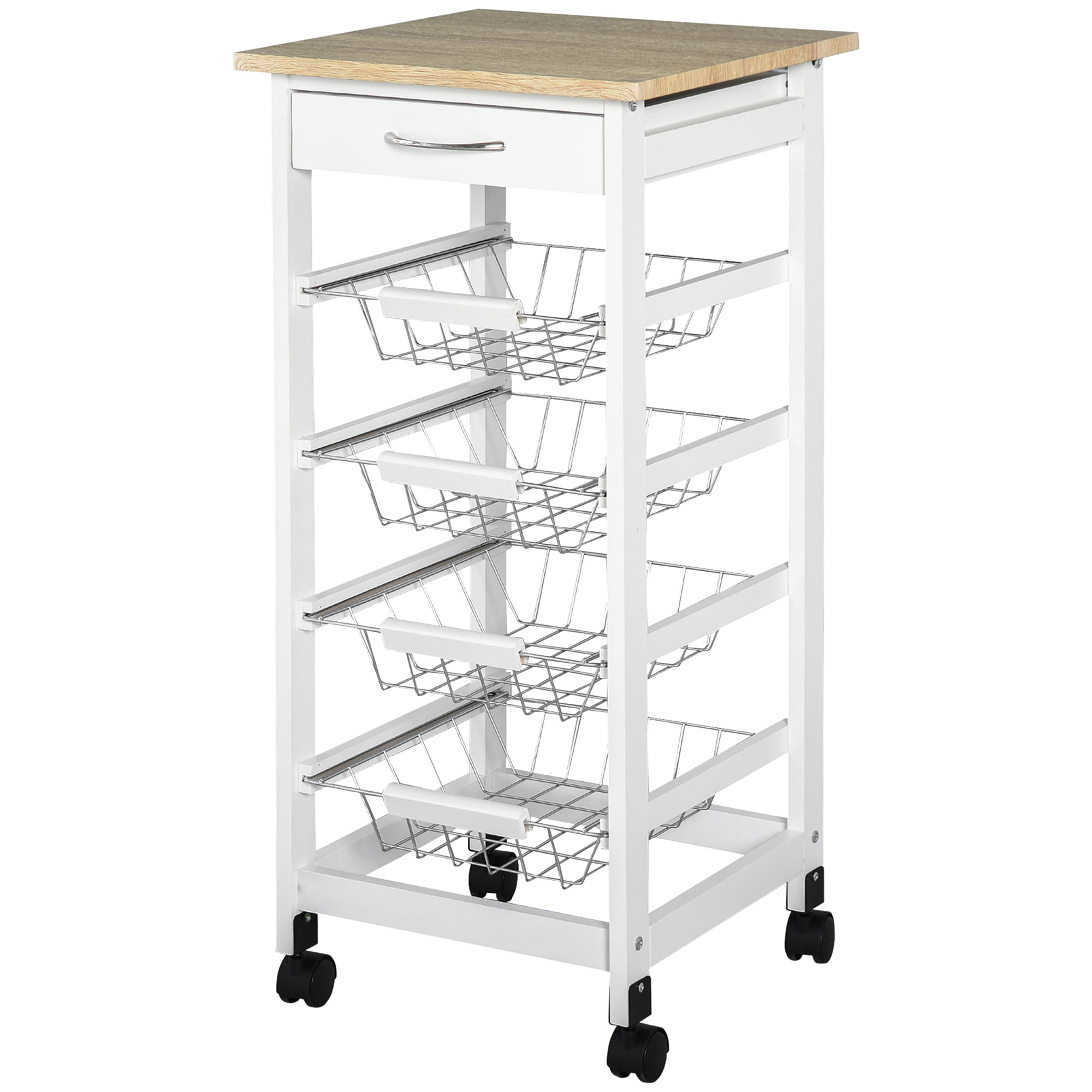 HOMCOM Küchenwagen Servierwagen mit Rollen Mehrzweck 4 Metallkörbe + Schublade Pinienholz 37 x 37 x 82 cm Weiß