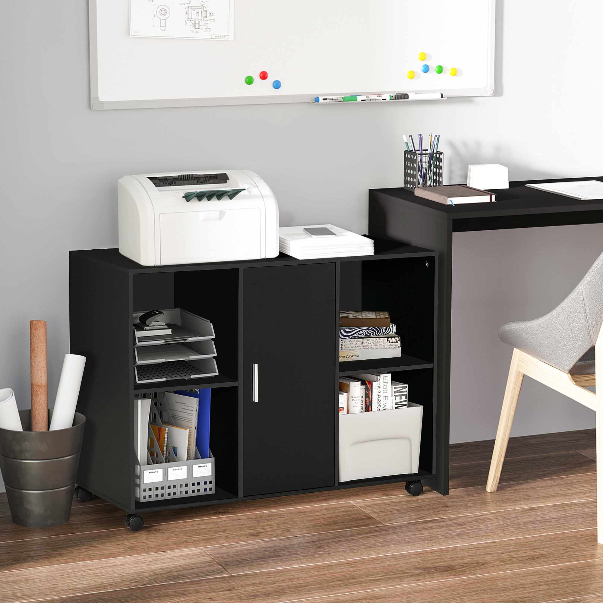 Vinsetto Druckertisch mit Rollen Druckerständer Aktenschrank Bürowagen Rollwagen mit 4 Fächern 1 Tür Schwarz 100 x 40 x 71 cm
