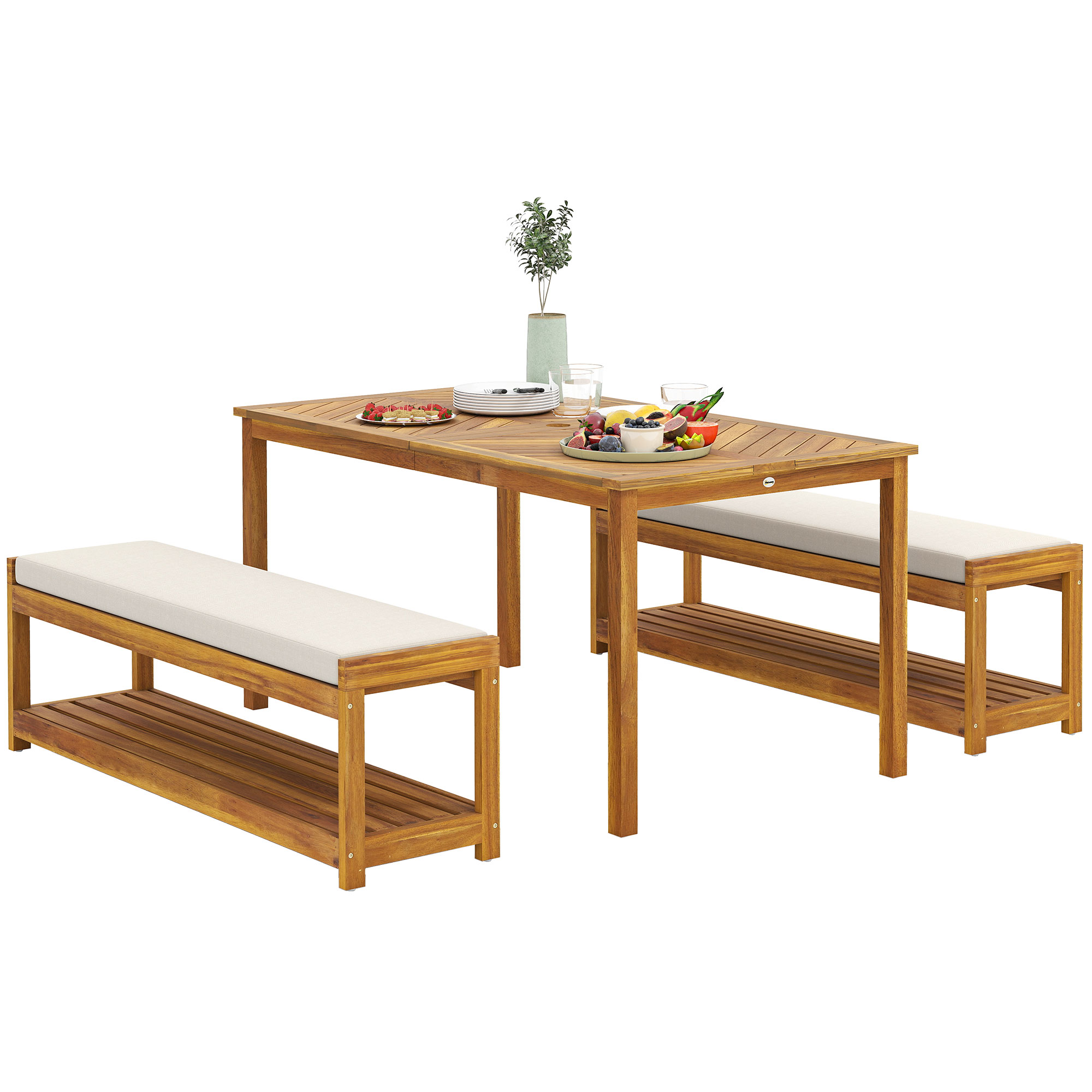 3-delig Tuinmeubelset, Zitgroep incl. 1 Eettafel met Parasolgat, 2 Banken 150 x 85 x 75 cm Teak