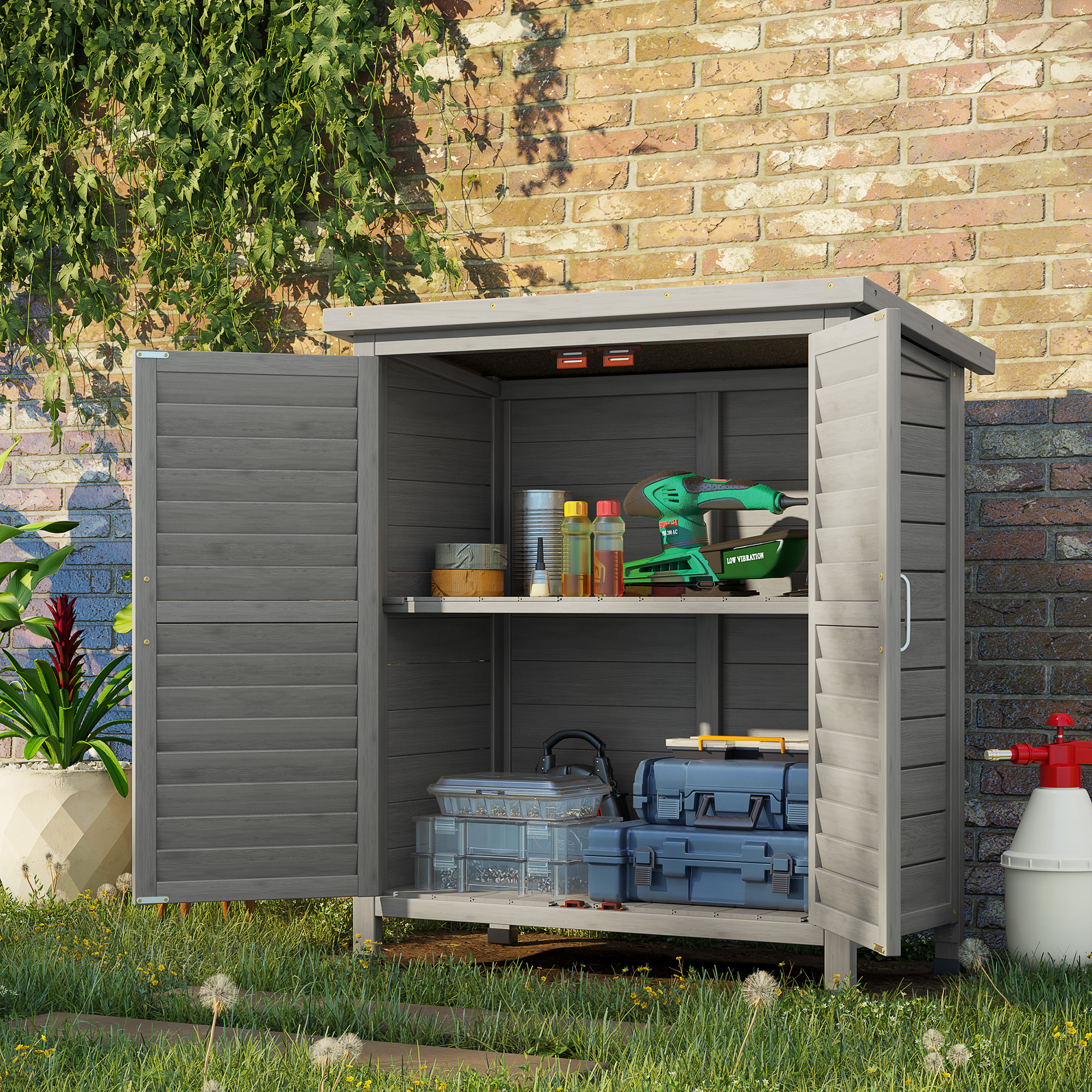 Outsunny Gartenschrank Holz Gerätehaus Geräteschuppen Geräteschrank Holzhütte Pultdach Bitumenpappe Lamellentüren Grau 87 x 46,5 x 96,5 cm