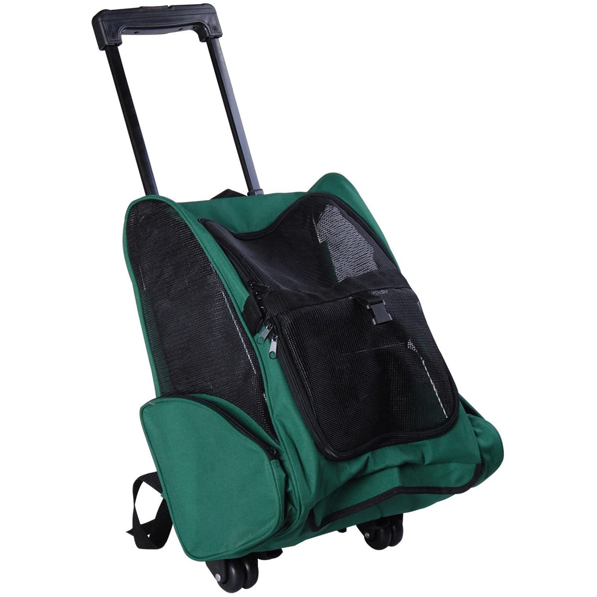 PawHut Transportrucksack 2-in-1 für Hunde und Katzen mit Seitentaschen, Teleskopgriff und Rädern, 42x25x55cm, Grün