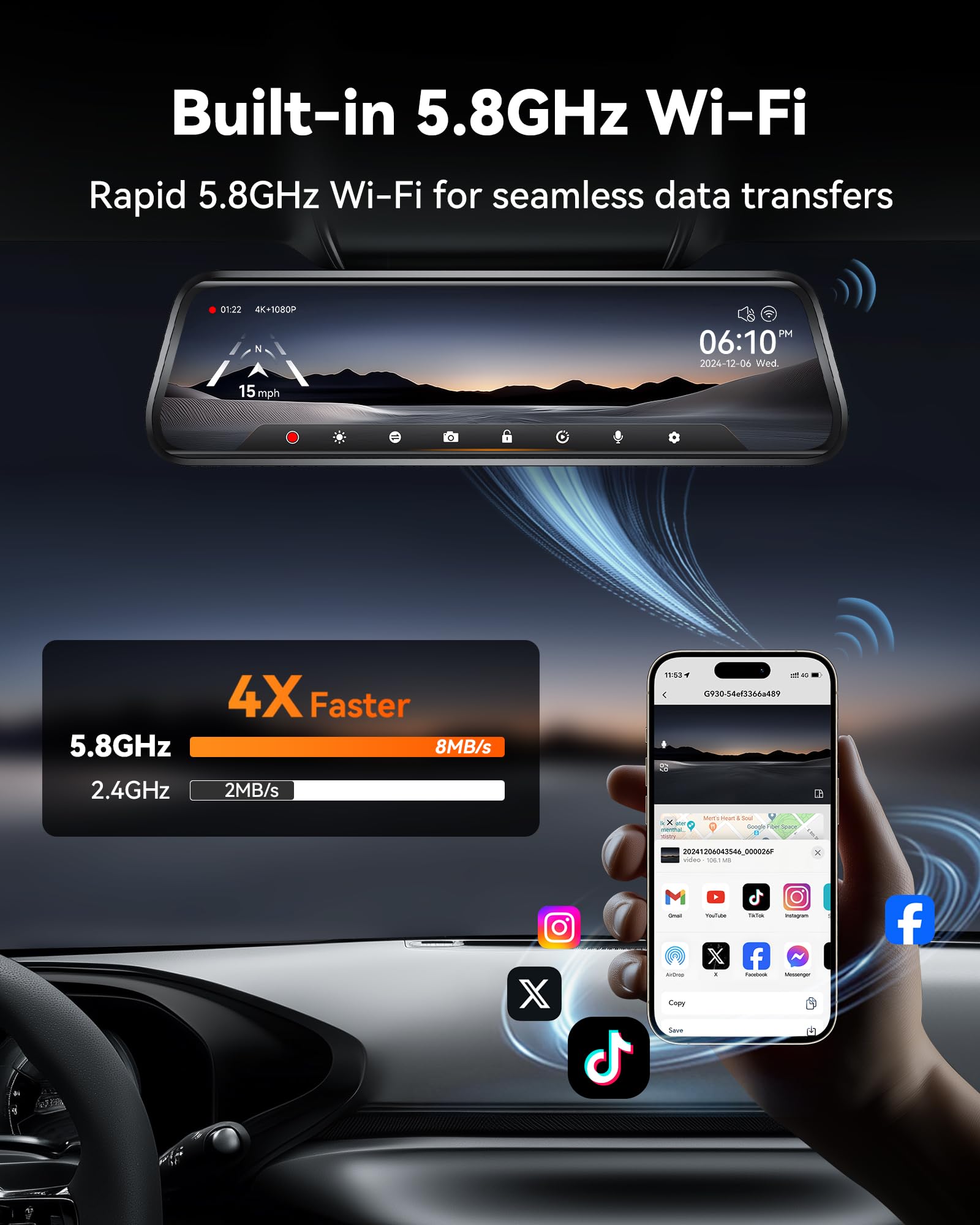 WOLFBOX G930 10 Zoll Rückspiegelkamera für Auto mit 5.8GHz WiFi und inklusive 64GB Speicherkarte