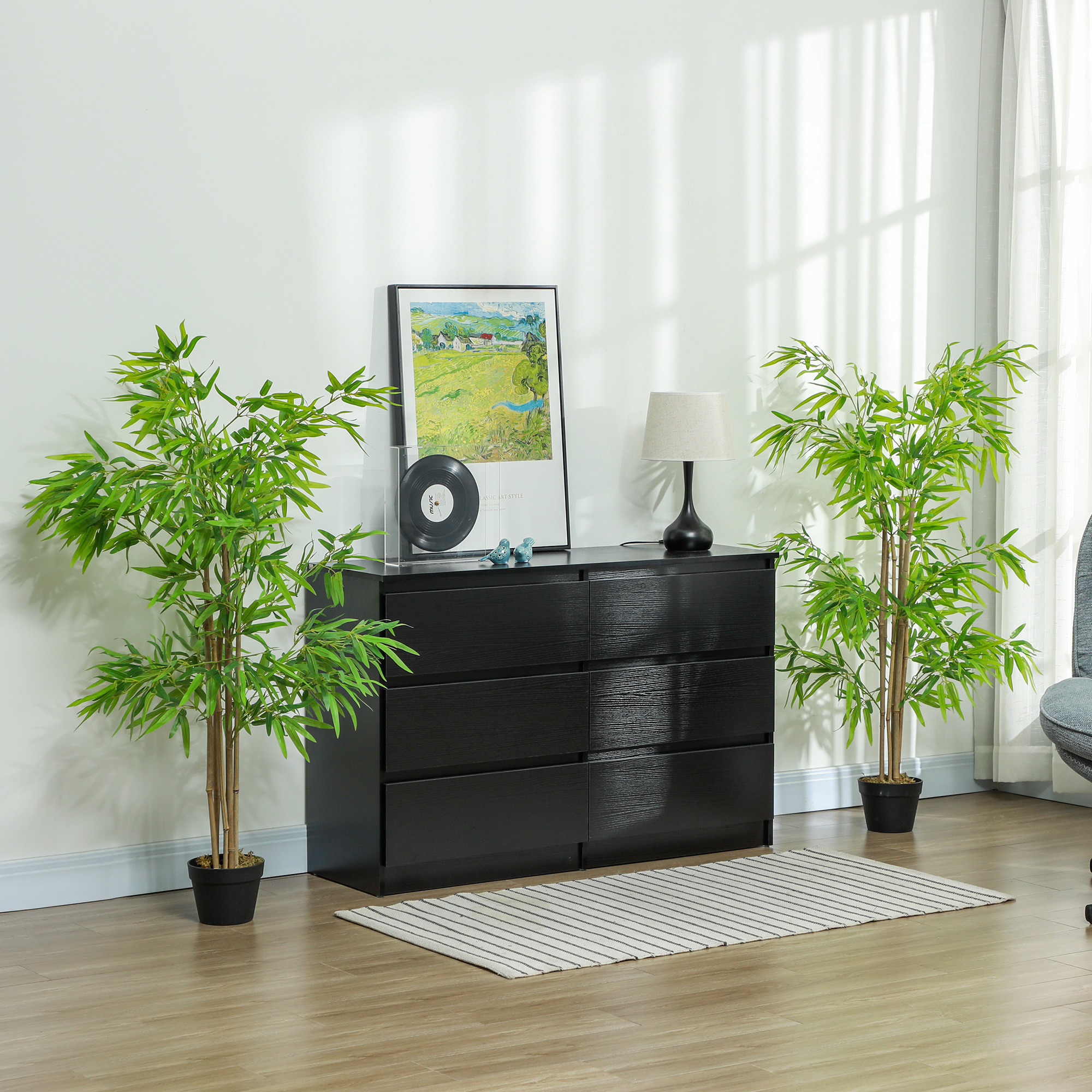 Outsunny Set Künstlicher Bambus Höhe 1,5 m 644 Dichte Realistische Blätter Topf Inklusive Schwarz mit Moosflechten Imitation Grün