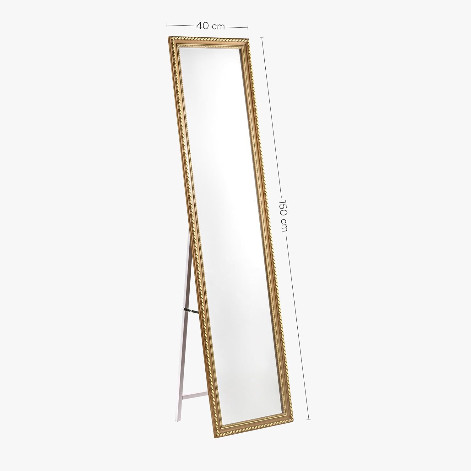 Baroni Home Specchio da Terra con Struttura in Acciaio, Specchio a Figura Intera con Supporto Pieghevole con Cornice Decorata in Legno, Riccioli Oro, 40x150 cm