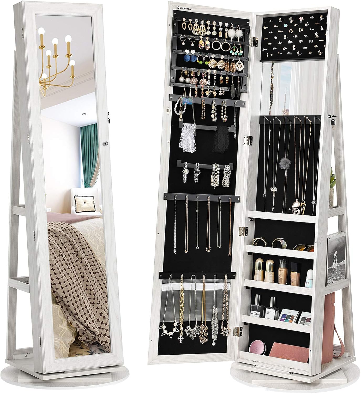SONGMICS Armadietto Portagioie Girevole a 360° Specchio a Figura Intera, Specchiera Portagioielli con Serratura, Specchietto Interno, Ripiani sul Retro, Bianco con Venature Grigie Chiare JBC62W
