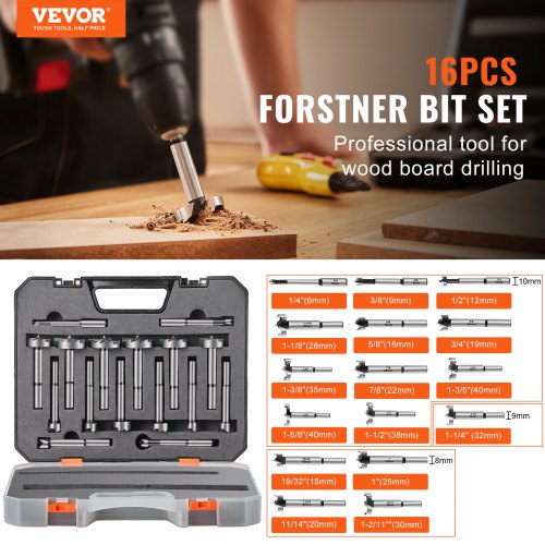 VEVOR 16-tlg. Forstnerbohrer Set 6-41mm Holzbohrer Satz Kohlenstoffstahl Topfbohrer Set HRC48-51 Klingen Zentrierspitze Scharnierbohrer Kompatibel mit Bohrmaschine Pistolenbohrer Tischbohrmaschine